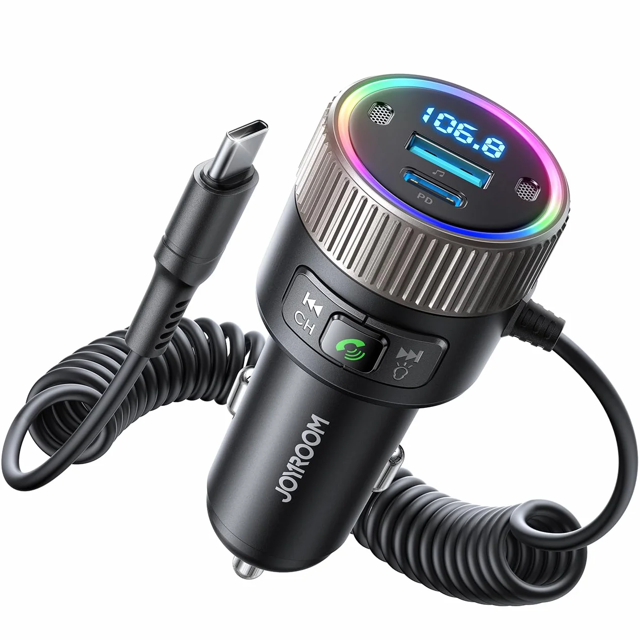 JOYROOM 2024 Ultimo Trasmettitore Bluetooth 5.4 per Auto 60W [PD 30W e Cavo a Spirale USB-C 30W] Adattatore Bluetooth Auto per Lettore Musicale Hi-Fi, Vivavoce, Doppio Microfono, Luce LED, Disco U