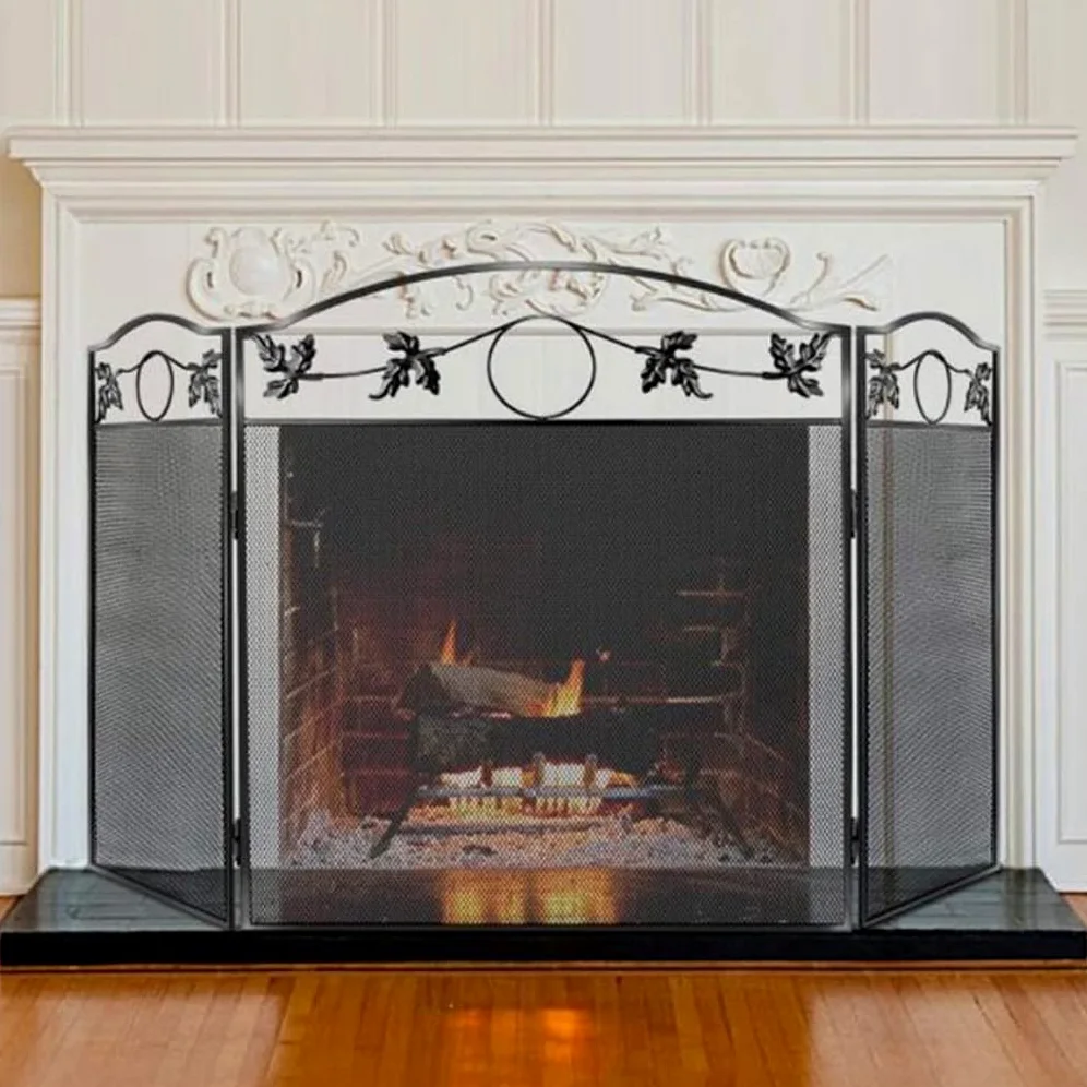Schermi per Caminetti di Guardia Pannello camino schermo in ferro foglia foglia foglia camino tri-fold schermo partition casa forno forno decorazione Accessori per Caminetti in Rete Decorativa