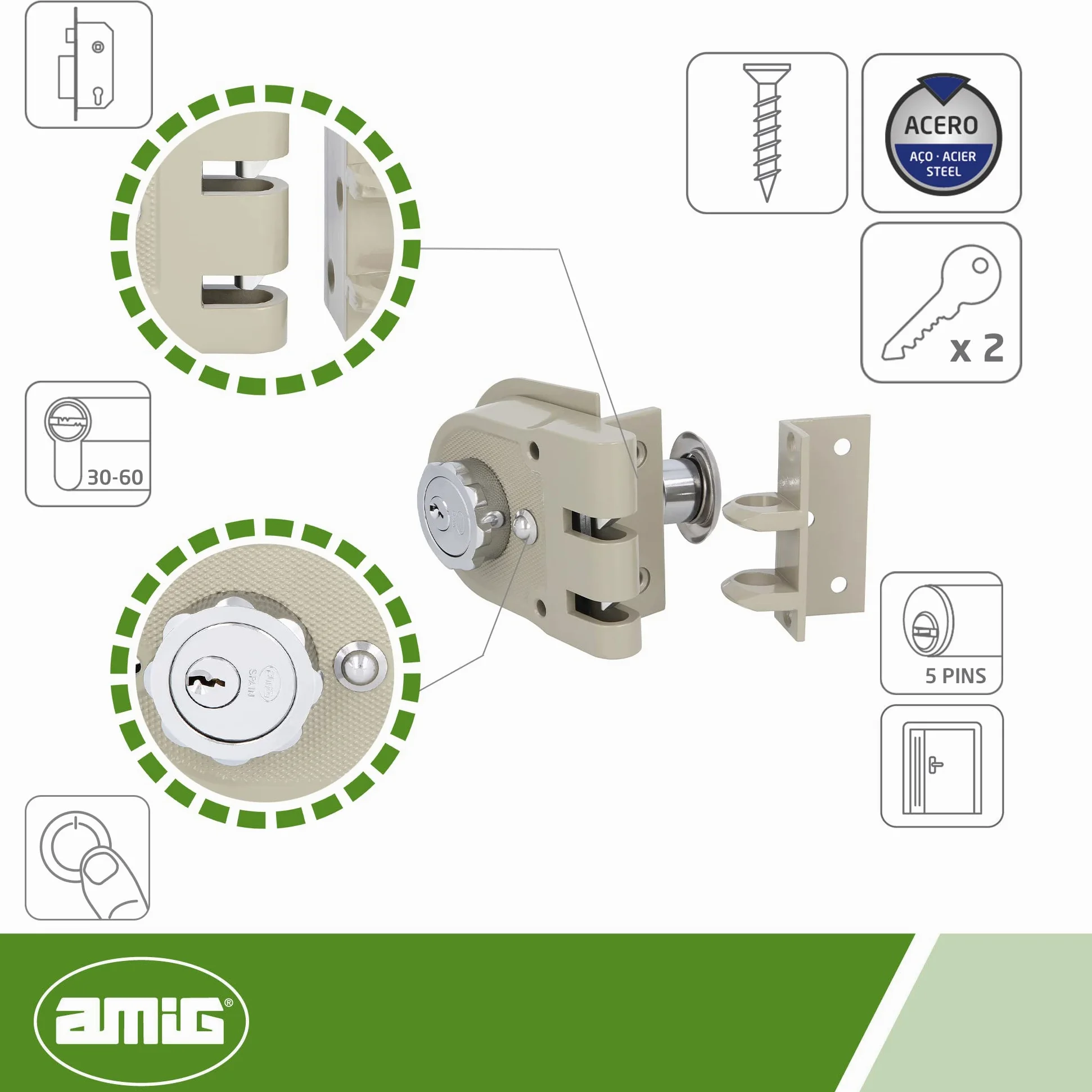 Amig - Serratura a Sovrapposizione a destra con leva di chiusura, linguetta e maniglia per porte in legno mod. 1396 | 60 mm | Chiusura con cilindro interno ed esterno | Acciaio Beige