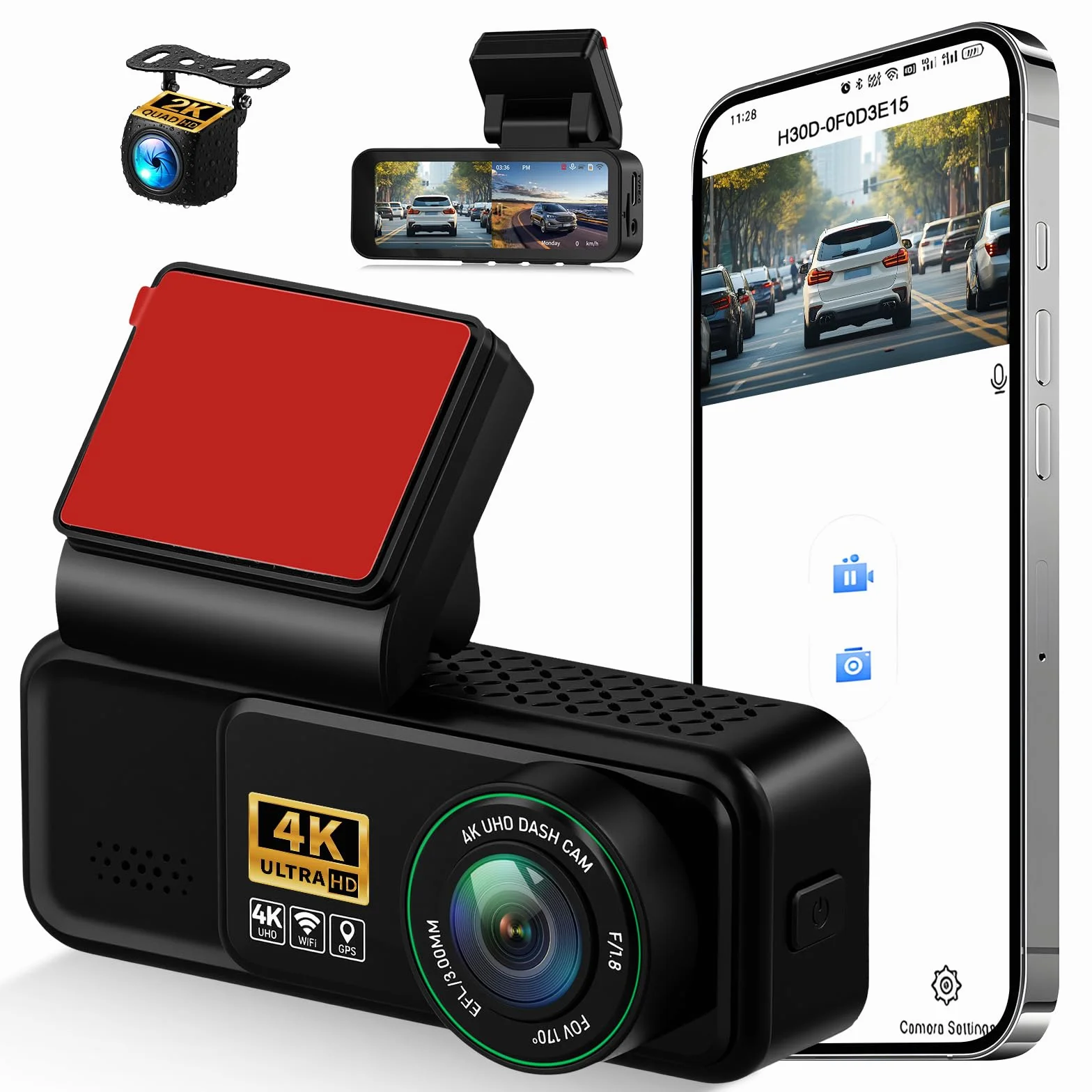 Dashcam 4K Anteriore e posteriore per auto, videocamera per auto 4K+2K FHD, videocamera per auto con GPS, ADAS, APP, Grandangolo 150°, visione notturna, sensore G, registrazione in loop