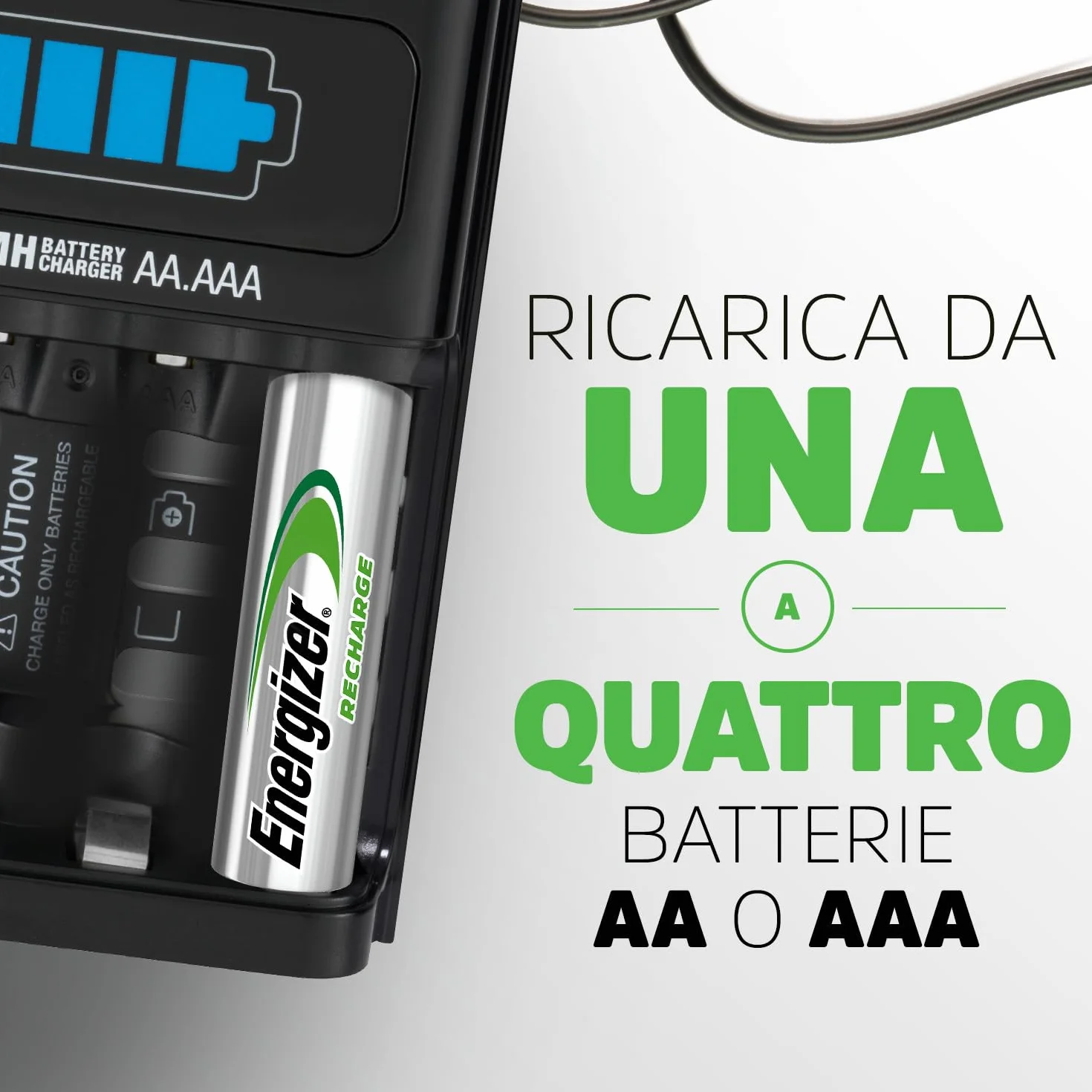 Energizer Carica Batterie Ricaricabili AA e AAA NiMH - Include 4 Pile AA 2300 mAh - la ricarica completa in 1 ore - funzioni di spegnimento di sicurezza automatico