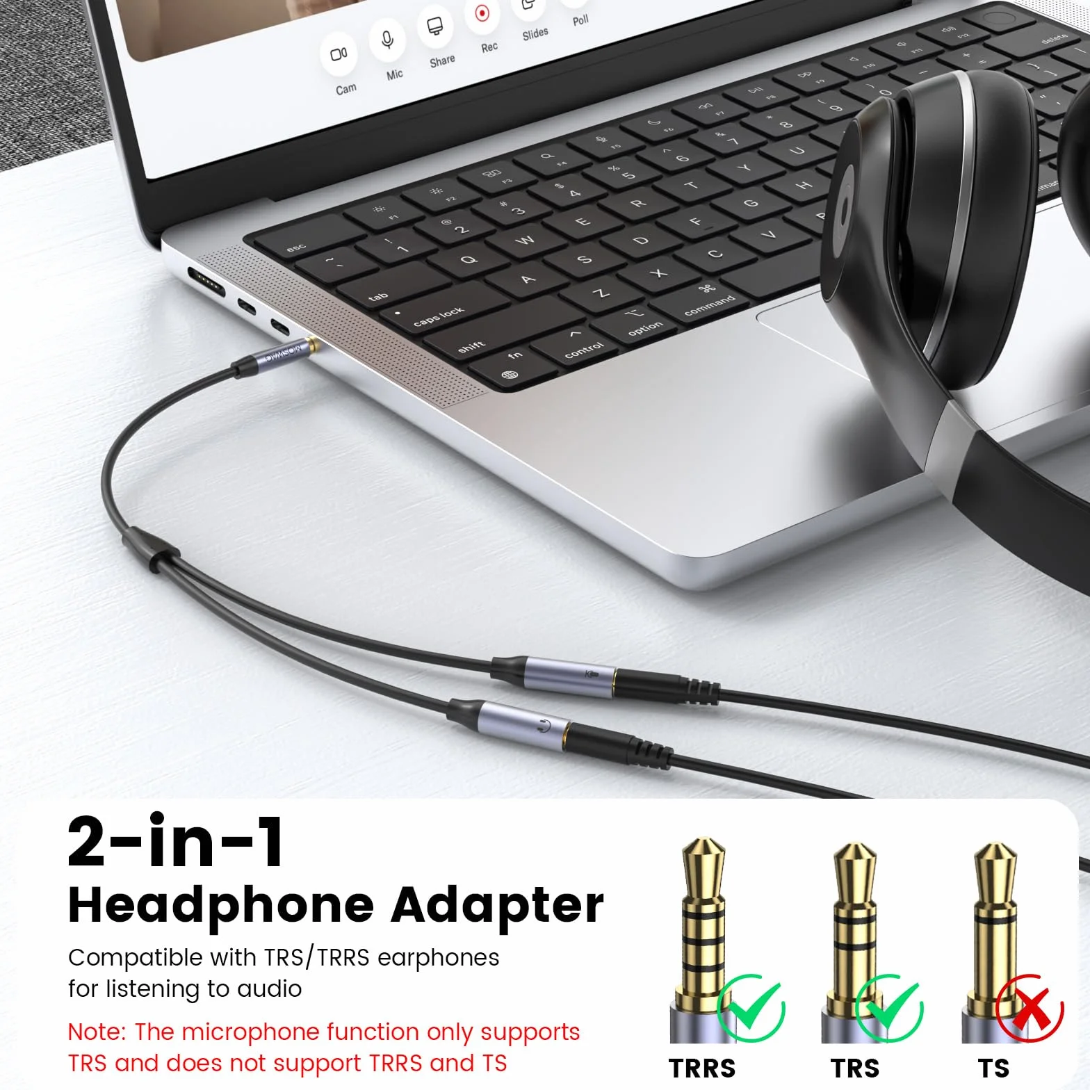 MOSWAG Adattatore per Microfono per Cuffie, 3,5 MM Aux Audio Y Splitter Cable, Cavo Splitter per Cuffie TRRS con Jack per Microfono Audio Separato per Laptop PS4 PC Tablet Gaming ecc