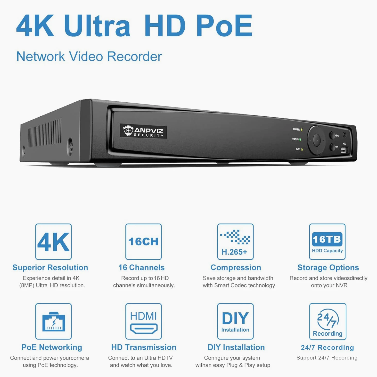 Anpviz Videoregistratore di rete PoE a 16 canali 4K NVR (1080p/3MP/4MP/5MP/6MP/8MP), sistema di videoregistratore di sicurezza domestica IP, conforme H.265+, backup compatibile IVMS4200 (16CH 4K NVR