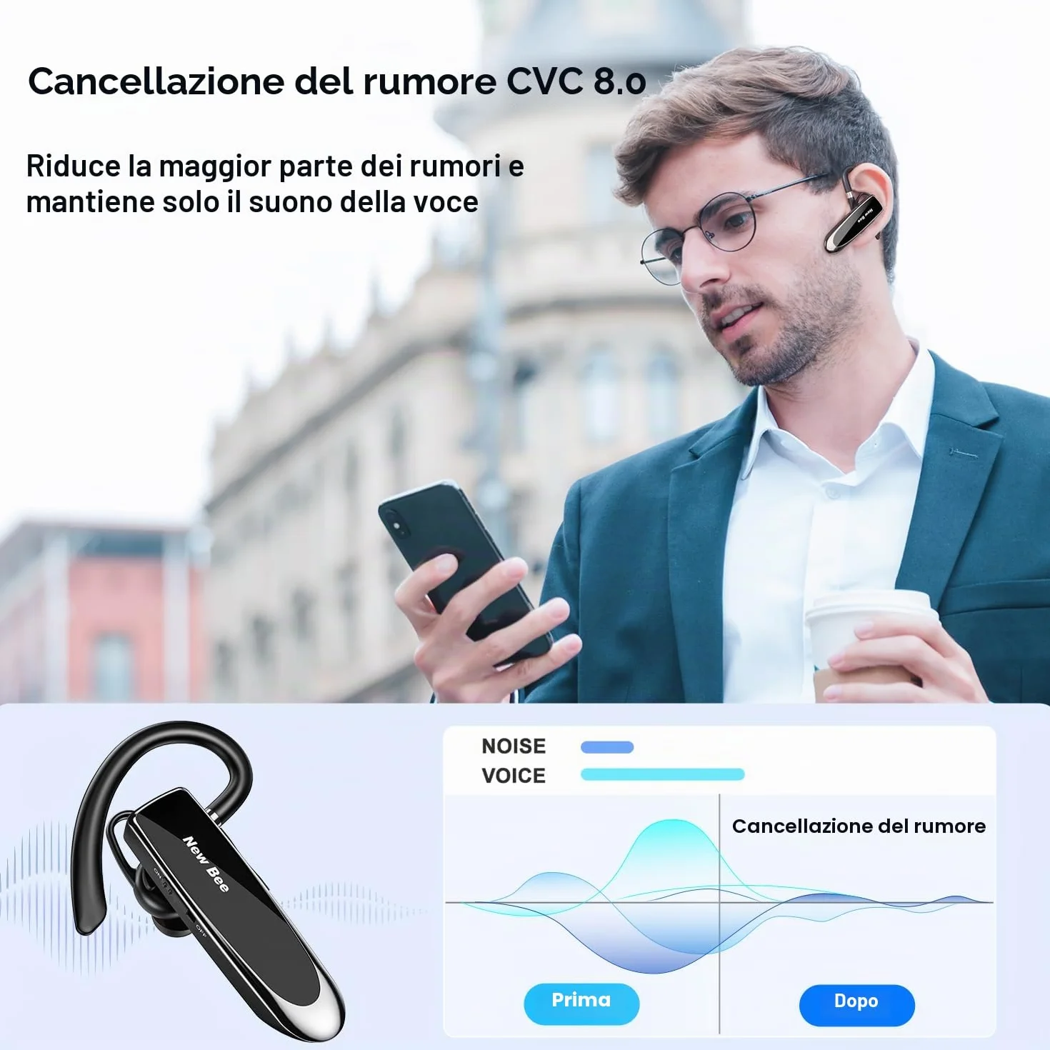 New Bee Auricolare Bluetooth V5.0 a mano libera auricolare Bluetooth con tecnologia di cattura vocale chiara Kit auricolare- invisibile per iPhone Samsung Huawei Sony ecc (nero)
