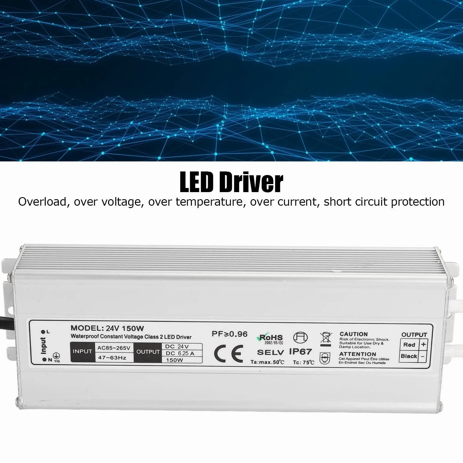 Driver LED 150W 12V/24V Impermeabile IP67 Trasformatore LED Alimentatore LED da 85~265V AC a 12V/24V DC Uscita a bassa tensione per luce LED, Computer Project, Industrial, Luce esterna(Spine UE-24V)