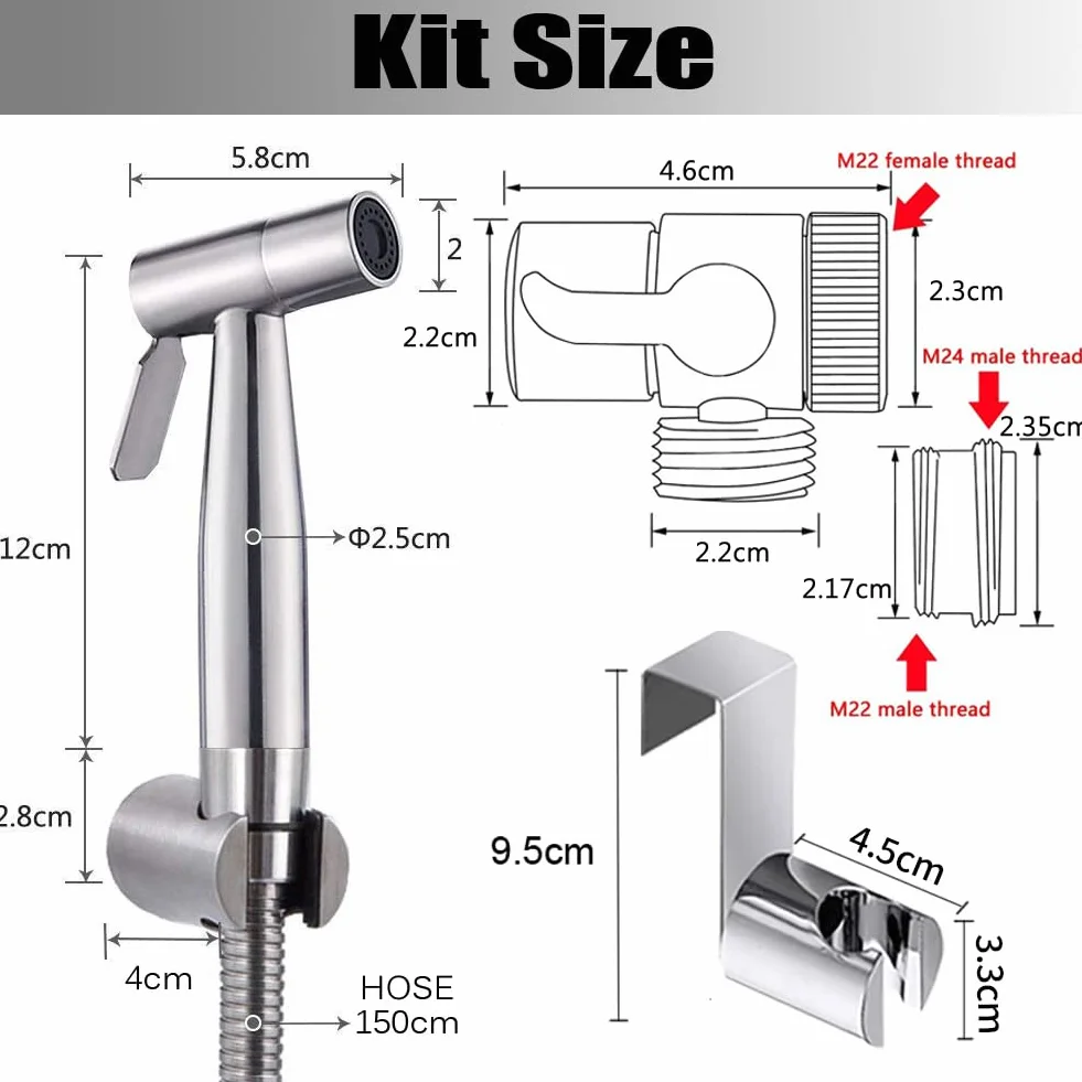 Bidet Portatile Kit Acciaio Inossidabile WC Doccia Deviatore 2 Vie Tubo 1,5m Supporto Doccetta