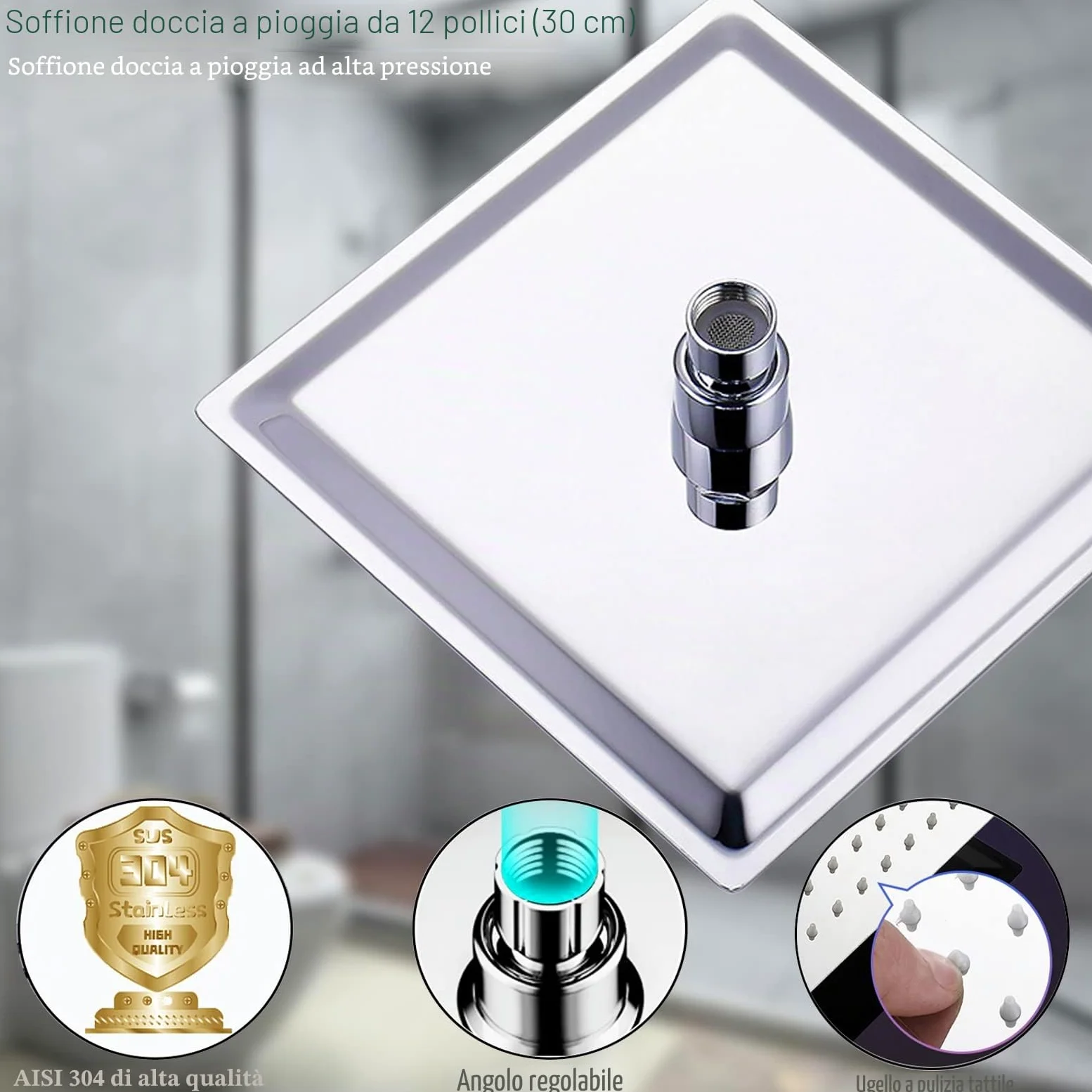 Soffione Doccia a Pioggia 30cm Quadrato Doccia Fisso in Acciaio inox 304 Silicone Anti-Blocco Soffione Doccia Doccia da Bagno Ultra Sottile Facile da Pulire e Installare