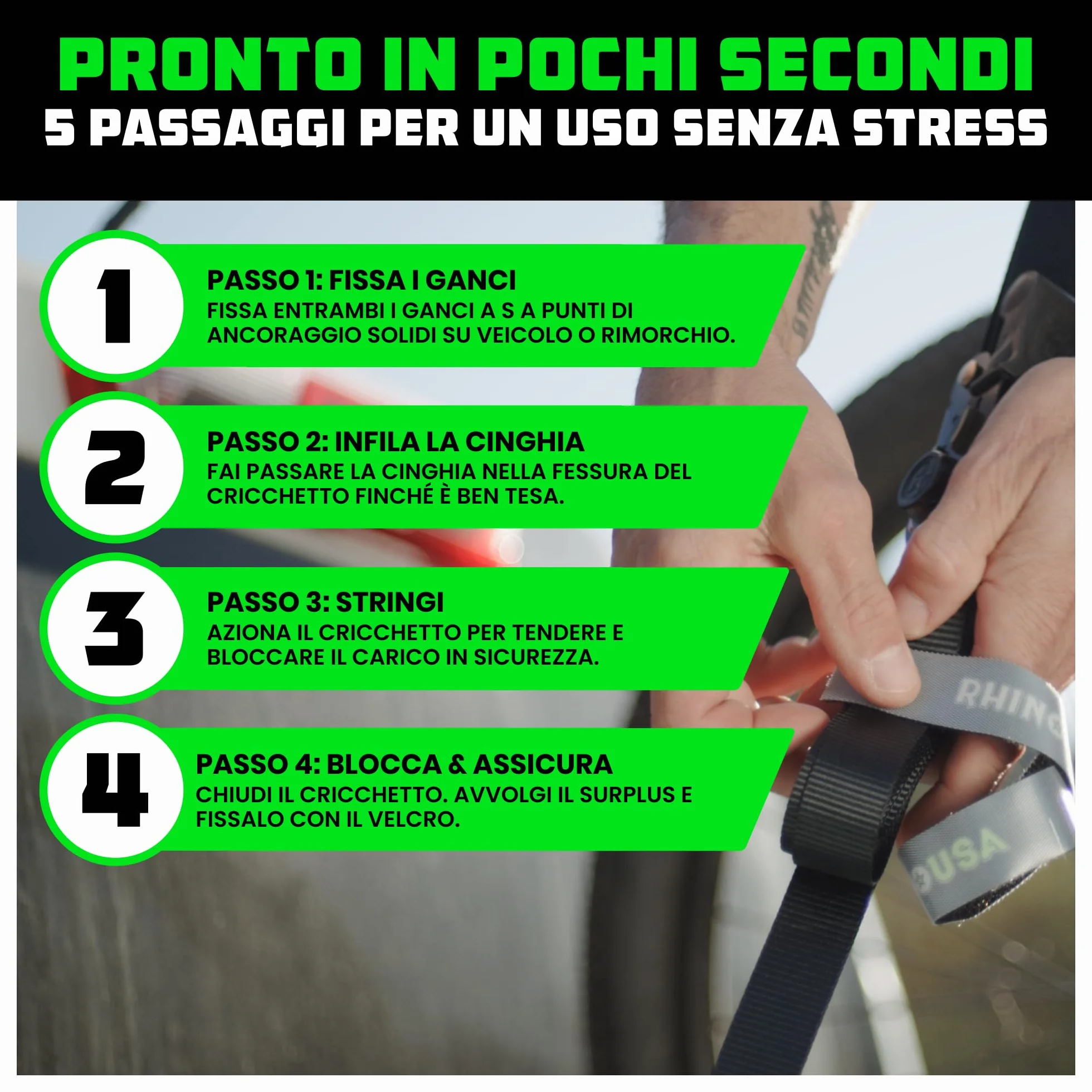 Cinghie a Cricchetto Rhino USA (4-Pack) - 2.5 cm x 4.6 m (800 kg di Resistenza alla Rottura) - Ganci a S di Sicurezza - Cinghie Premium per Camion, Carichi, Traslochi, Elettrodomestici - Nero