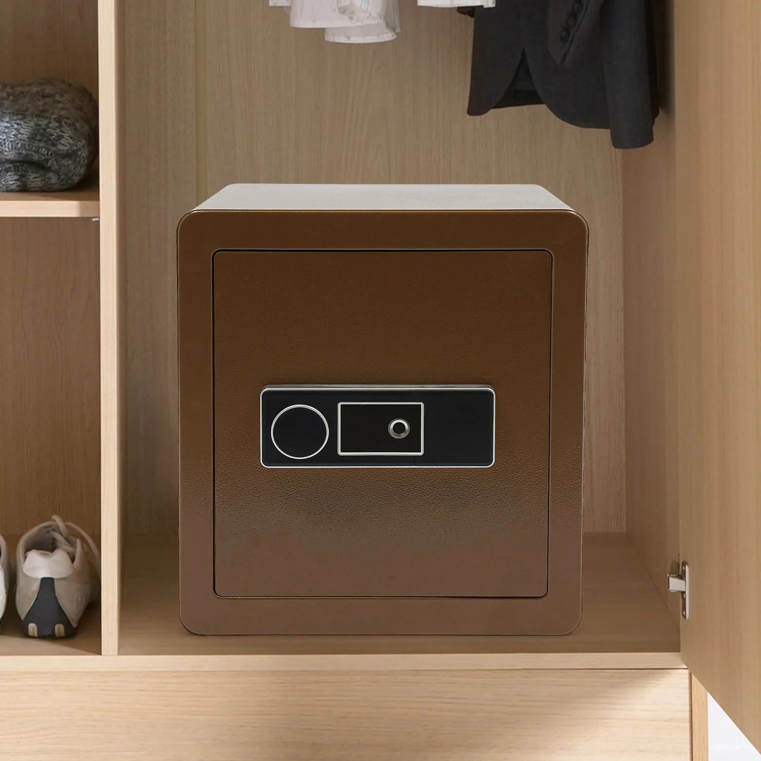 Cassaforte Biometrica 45 L Cassaforte di sicurezza con impronte digitali in acciaio, ripiano rimovibile, chiave di emergenza inclusa, 16 impronte per casa e ufficio (caffè dorato)
