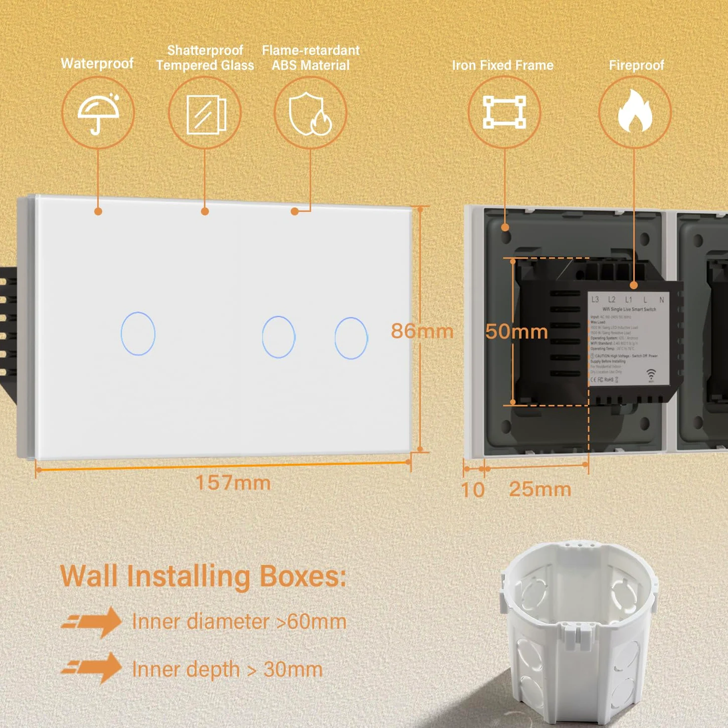 BSEED Doppio interruttore della luce WiFi Smart Alexa, senza conduttore neutro, interruttore touch WIfI in vetro, Alexa e Google Home Work con Tuya, 1 scomparto + 2 scomparti 157 mm, bianco