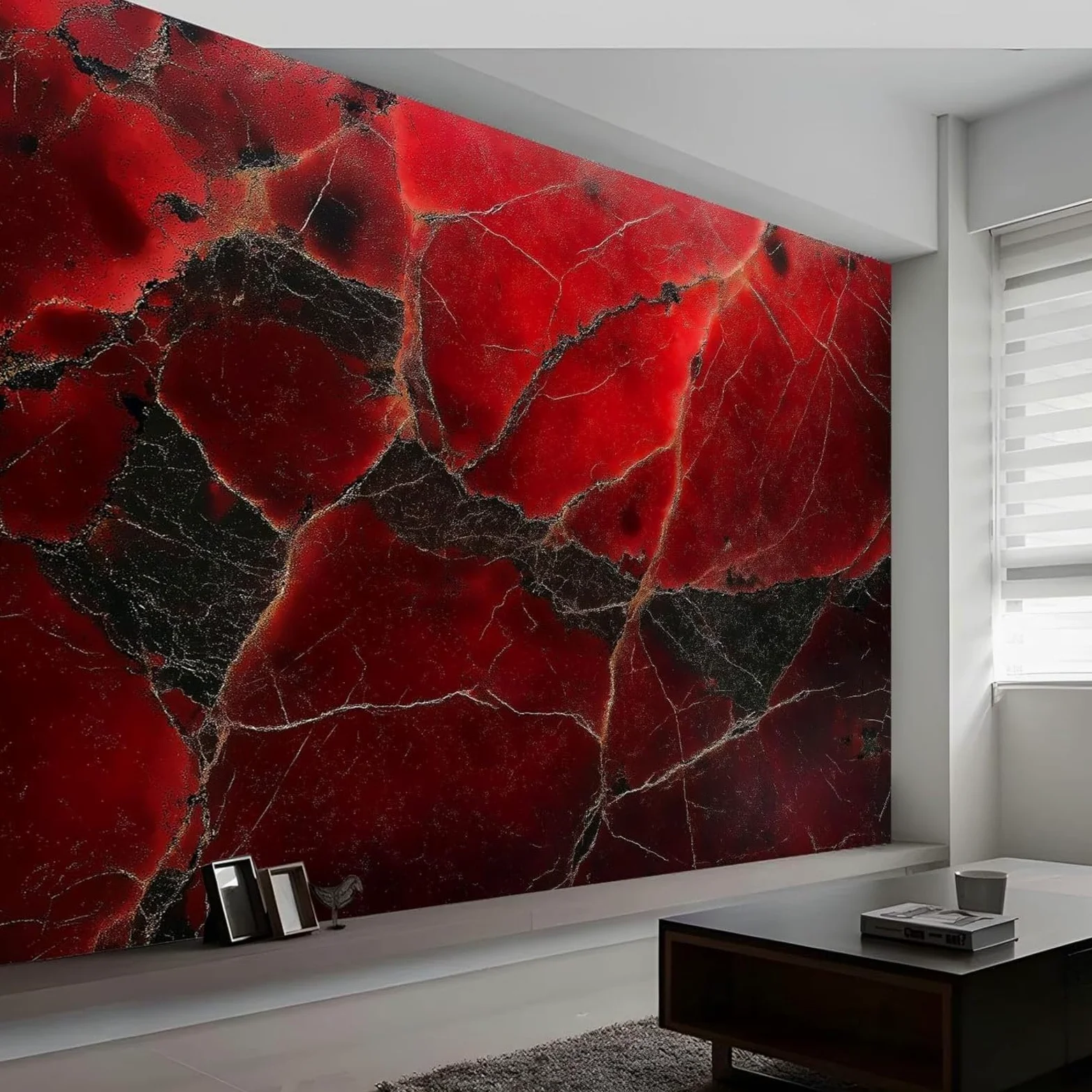 fotografica in tessuto non tessuto, effetto marmo, rossa, murale con muro di mattoni, decorazione murale, soggiorno, camera da letto, appartamento, rosso, 250 cm x 175 cm