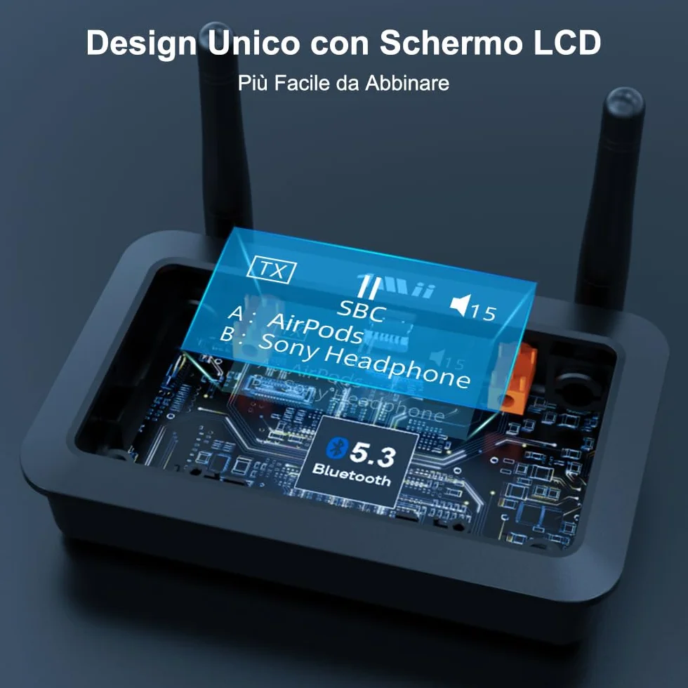 1Mii B03+ Trasmettitore Ricevitore Bluetooth per TV Stereo, Adattatore Bluetooth 5.3 Lungo Raggio per Audio TV con Schermo, aptX Low Latency & HD & Adaptive, Ottico RCA AUX 3,5mm Ingressi/Uscite