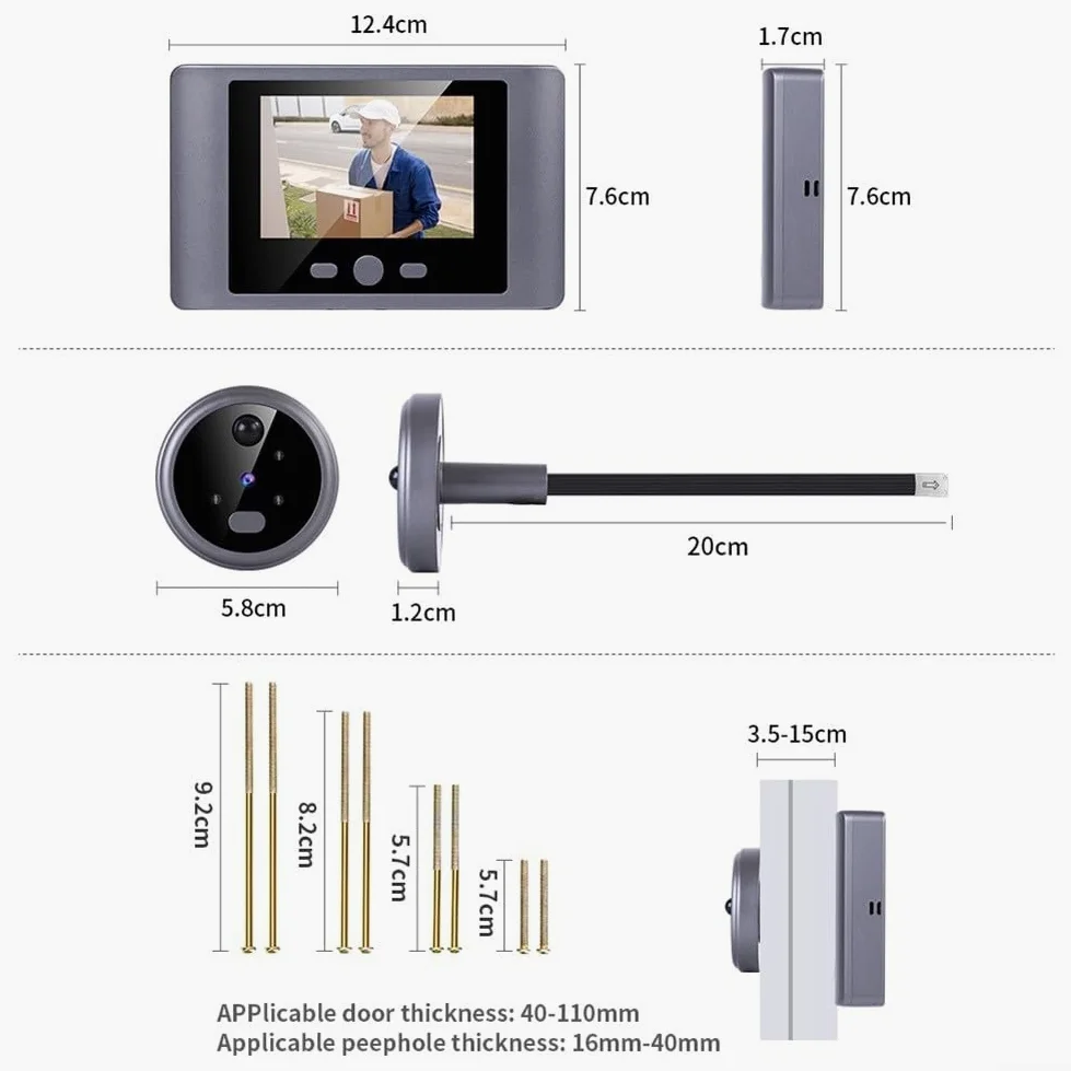 Smart - Telecamera wireless per campanello con schermo LCD HD, telecamera spioncino con rilevamento del movimento PIR, visualizzatore campanello alimentato a batteria per porta d'ingresso