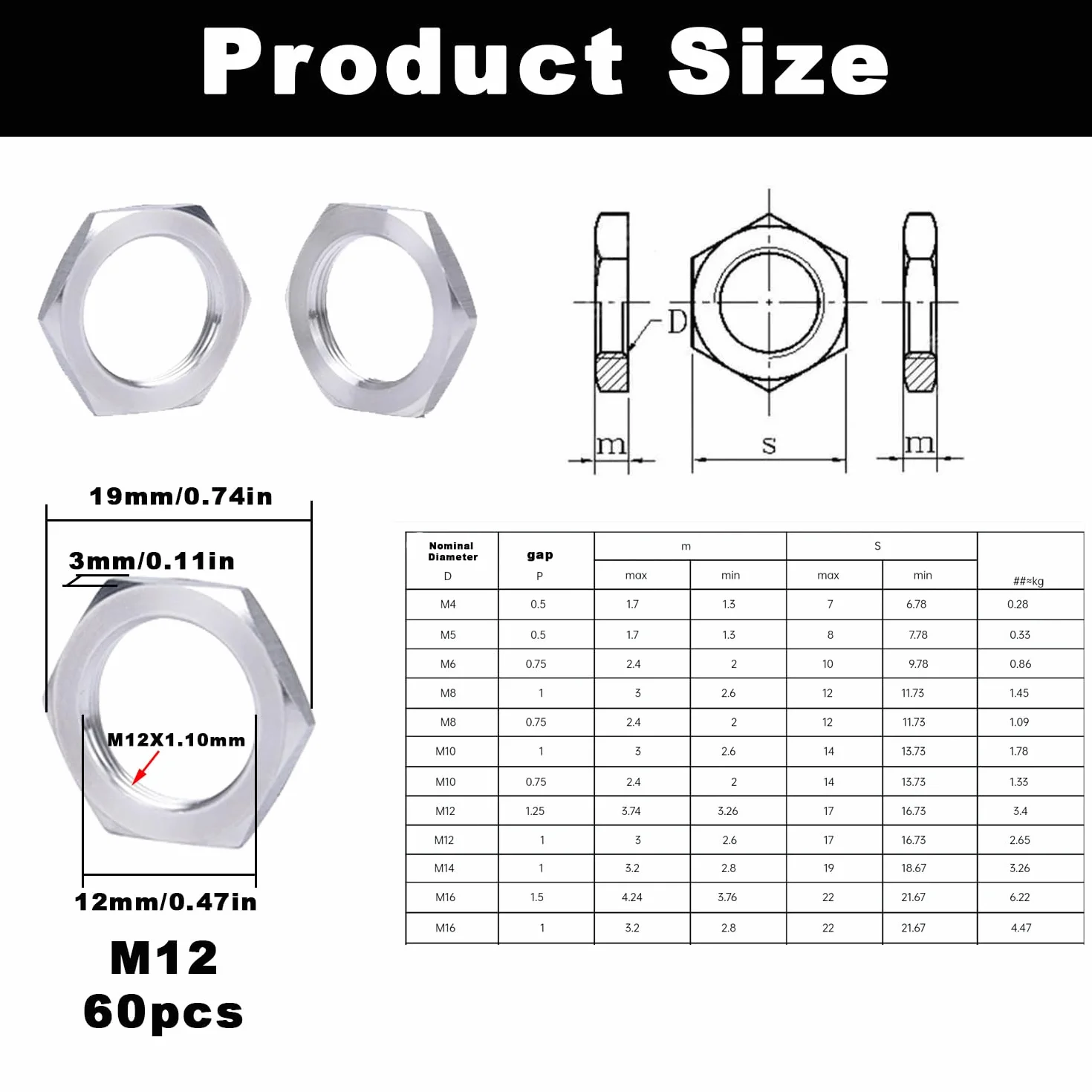 Set di 60 Dadi Esagonali M12x1 Acciaio Zincato Filettatura Fine