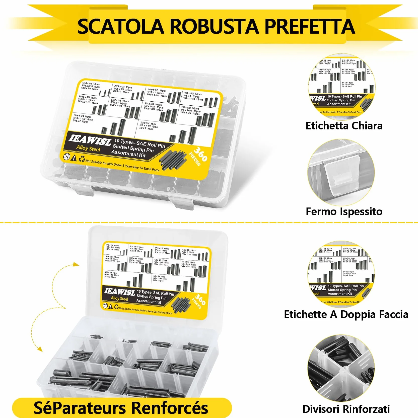 Perno di Tensione a Molla Acciaio 65Mn Assortimento Spine Elastiche M1.5-M10 360 Pezzi