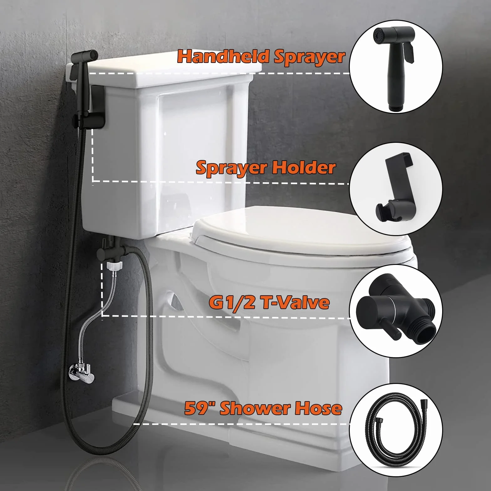 Set di doccetta per bidet, in acciaio inox spazzolato, bidet con valvola G1/2" e un adattatore G3/8" per doccia, bagno, carta igienica, pulizia dei pannolini (nero)