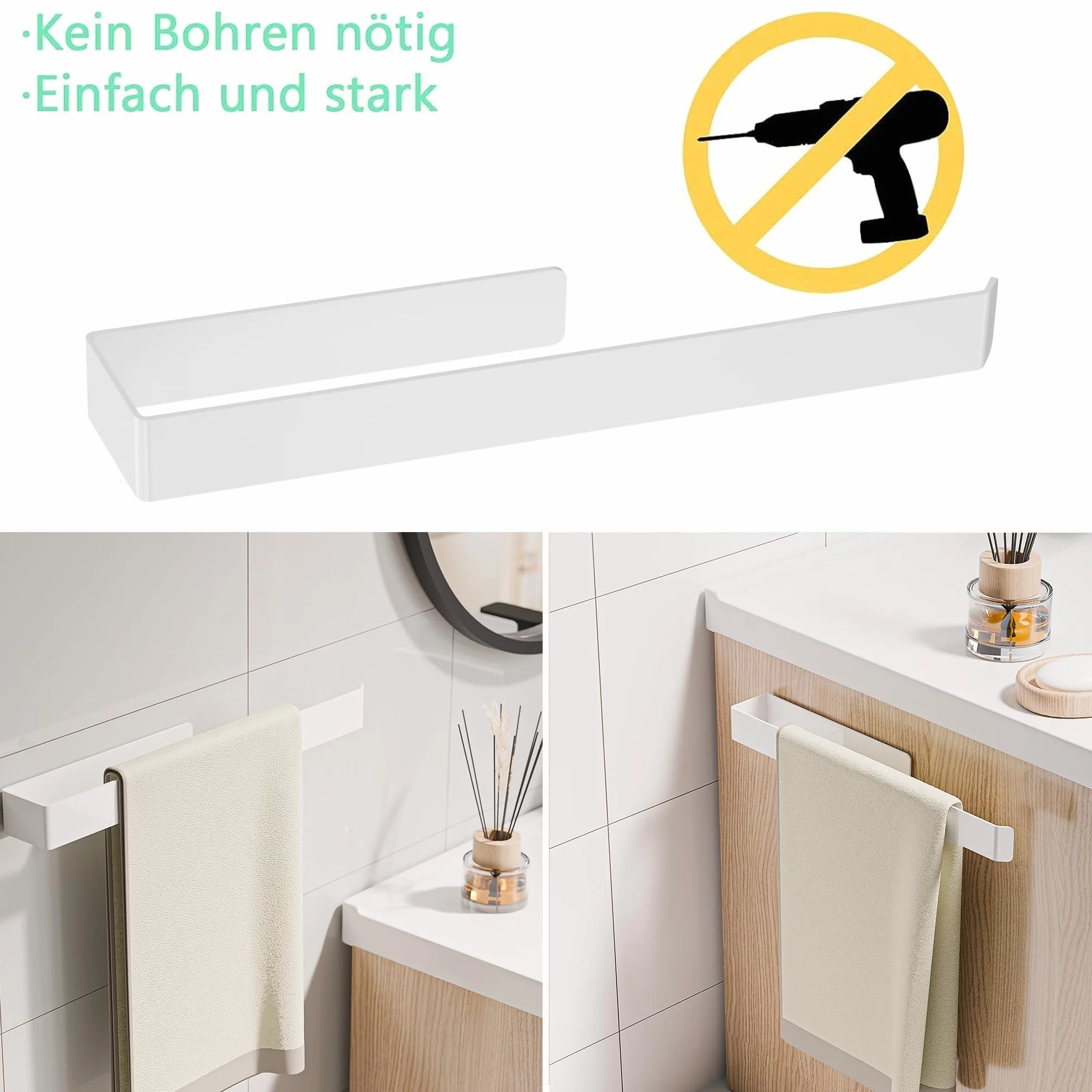 Portasciugamani senza foratura in alluminio, metallo, per bagno e cucina, bianco 32 cm