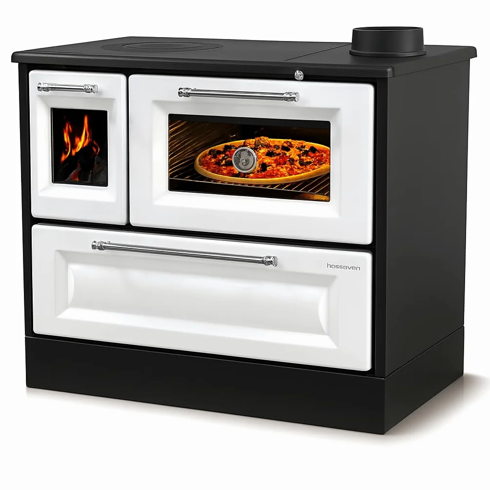 Stufa a legna con forno e piano cottura 4012 bianco forno a legna 8 kW, forno a legna multiuso, camino, stufa da cucina