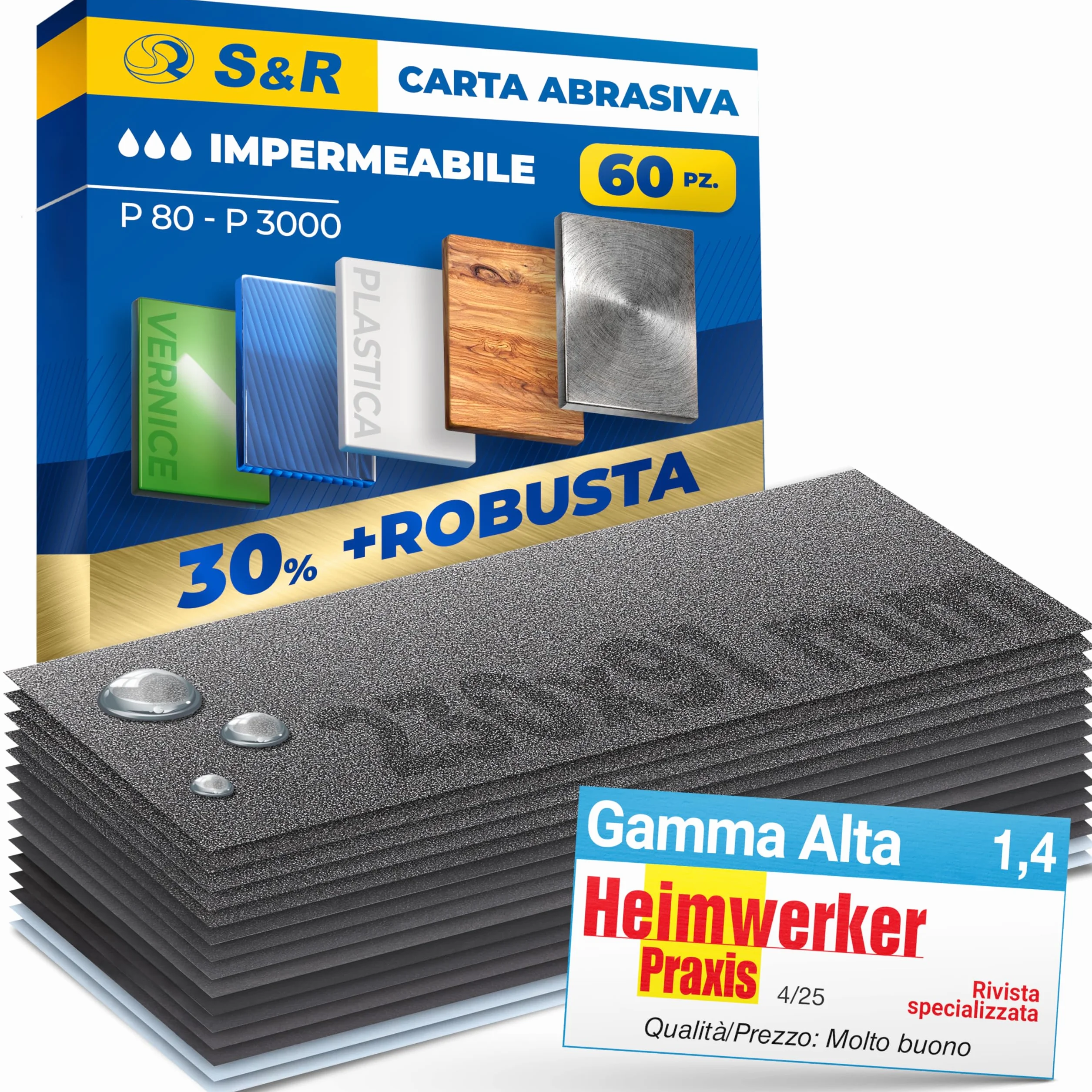 S&R Carta Vetrata Abrasiva Impermeabile 60pz Grana 80-3000 per Carrozzeria Legno Metallo