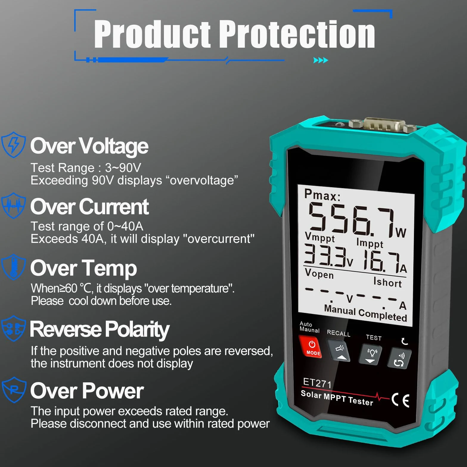 Ejoyous Tester per Pannelli Solari da 2000 W, Multimetro Fotovoltaico MPPT con Display LCD per Tensione a Circuito Aperto e Rilevamento Guasti nei Sistemi Solari