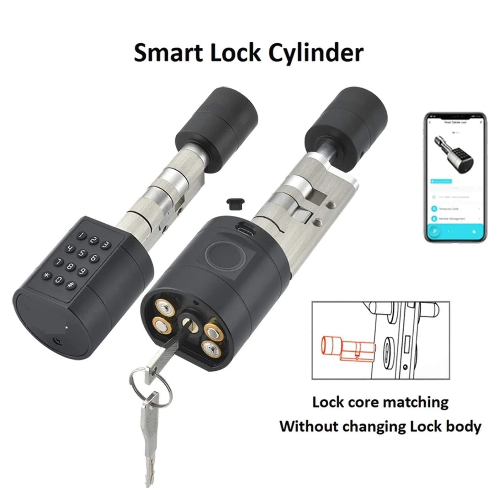 Serratura Smart, Cilindro for impronte digitali Serratura elettronica intelligente for porta Tastiera digitale Codice Chiave magnetica Telecomando Appartamento domestico regolabile(Silver)