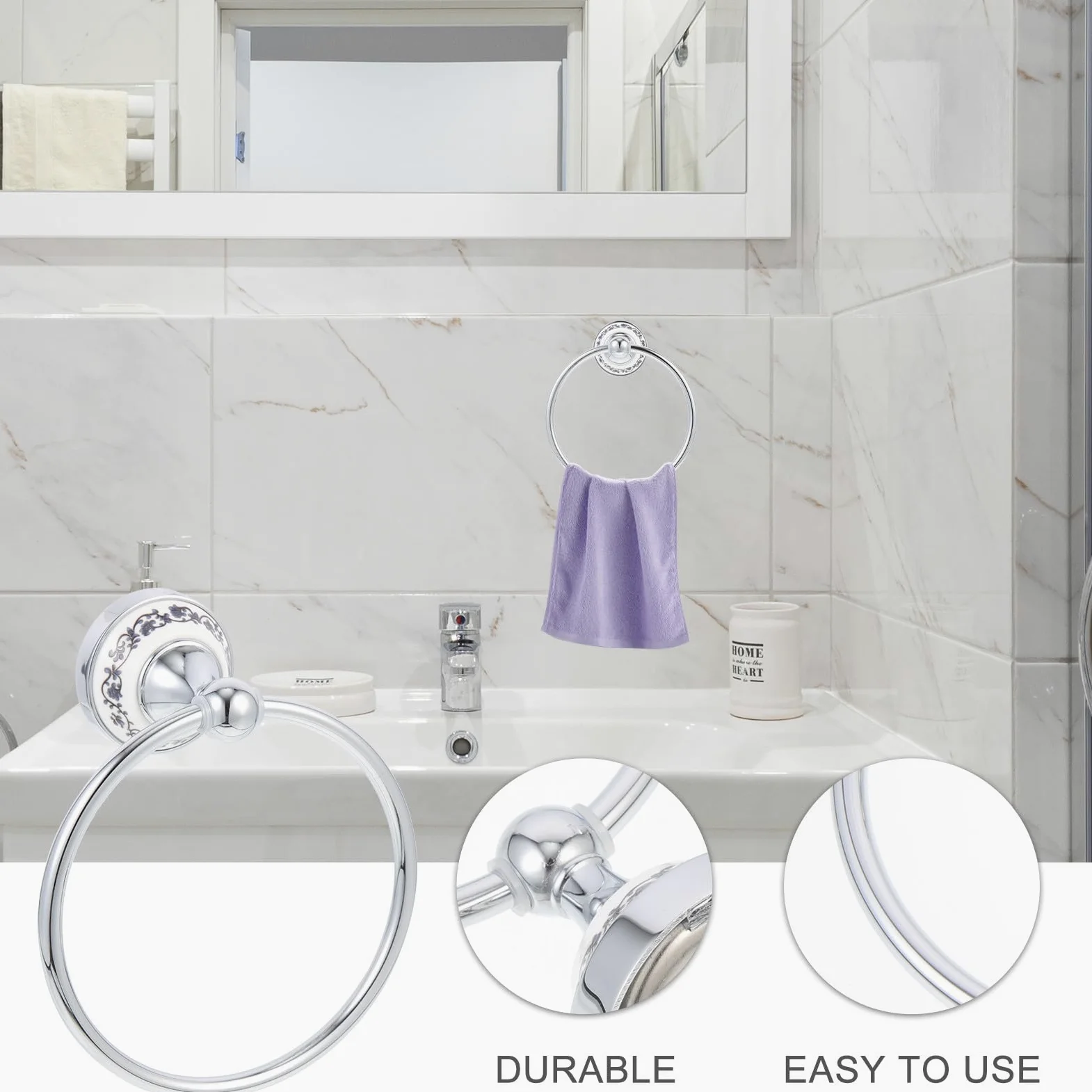 Portasciugamani Argento Inossidabile Mani Anello e Bagno da Acciaio Asciugamani in Ceramica Facile da Installare, per Viso, per Bagni e Camere Ospiti