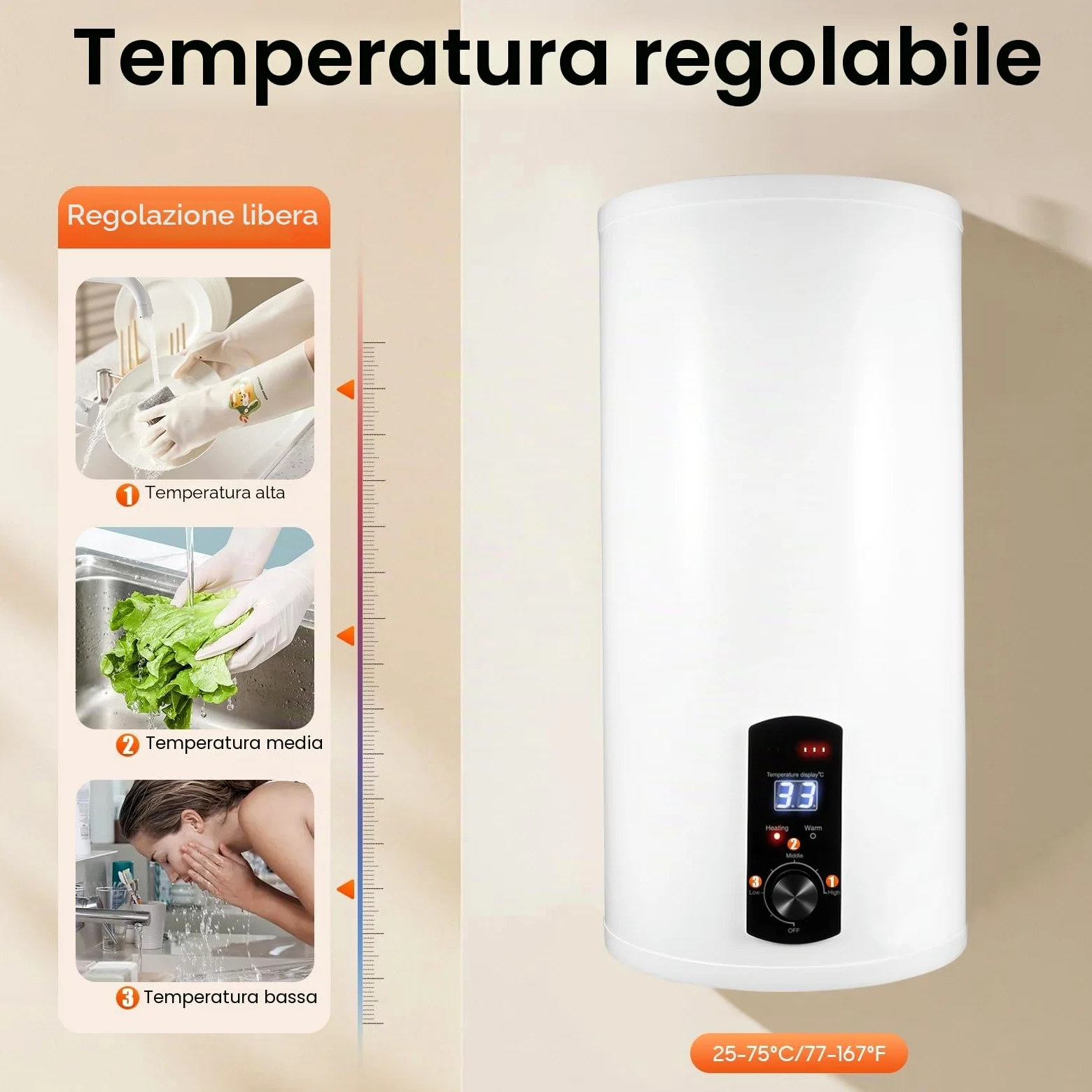 Scaldacqua istantaneo con serbatoio da 80 litri, scaldabagno elettrico con rubinetto e doccetta, dispositivo con contenitore interno smaltato, scaldabagno digitale con indicatore LED per bagno