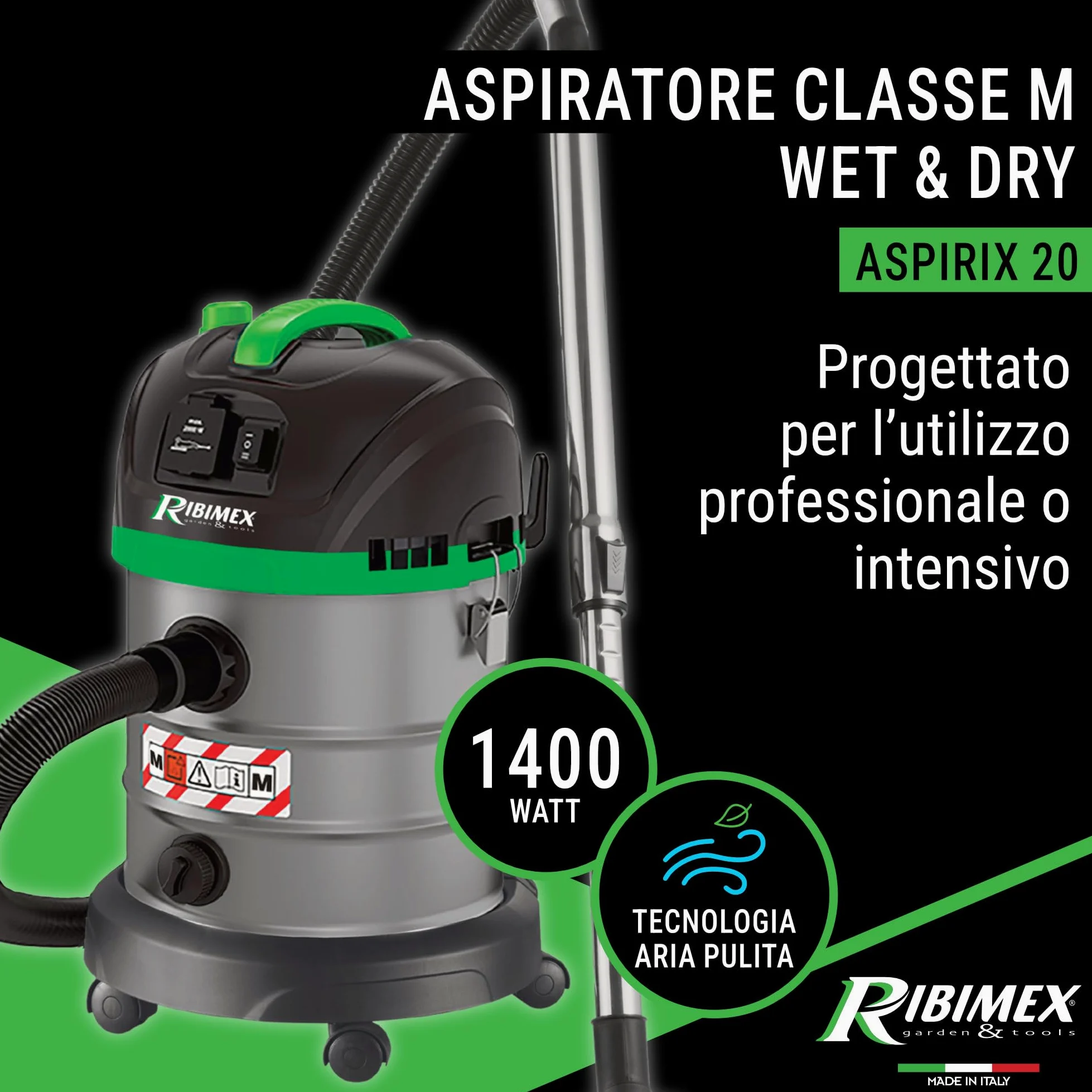 Ribimex Aspiratore Solidi e Liquidi Aspirix Serie Pro Classe M, Bidone Aspiratutto Professionale 20 L, 1400 W, Presa Elettroutensili e Funzione Soffiante, Accessori Inclusi - PRASP20M