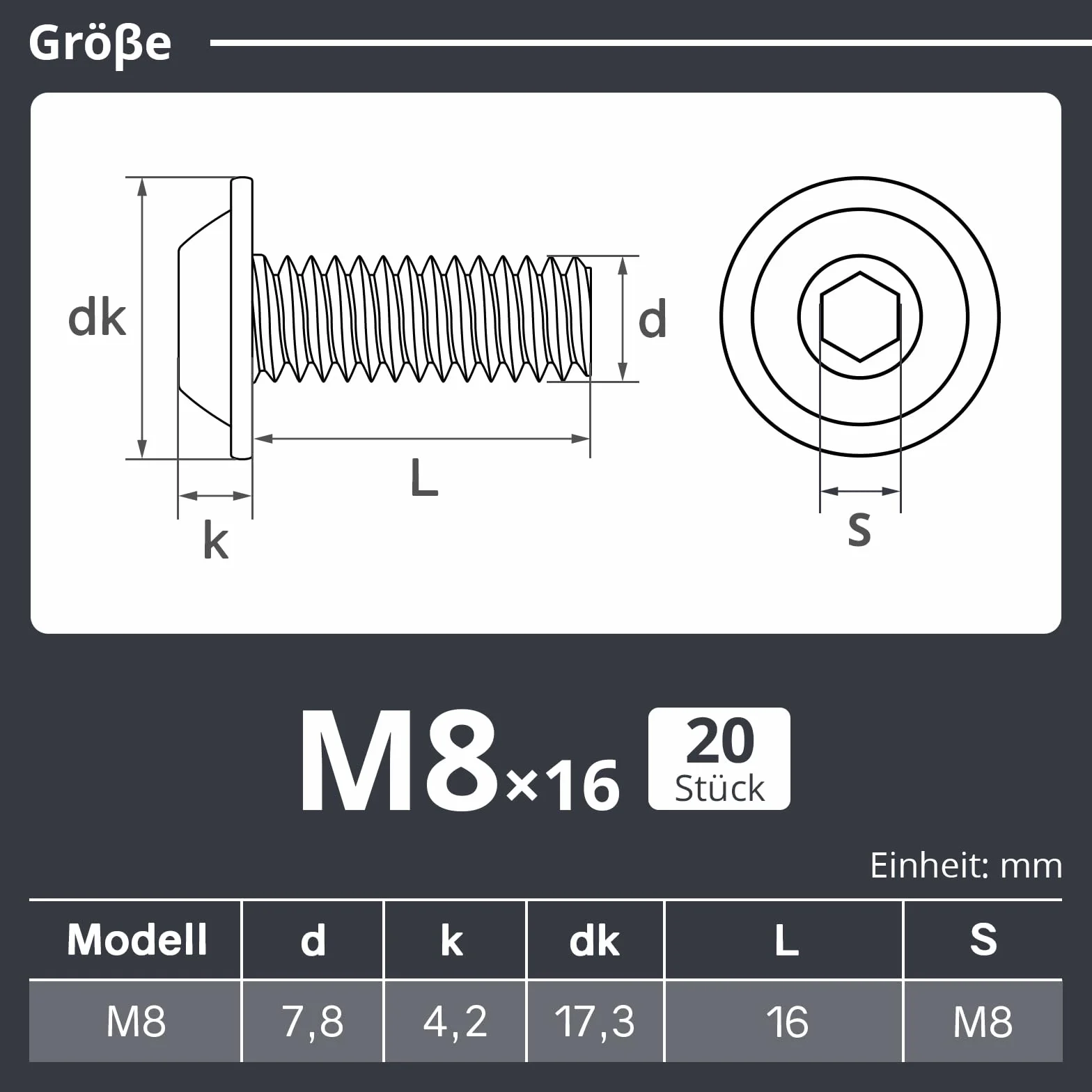 Viti a testa bombata M8 x 16 mm, acciaio inox A2 V2A, filettatura completa, ossido nero