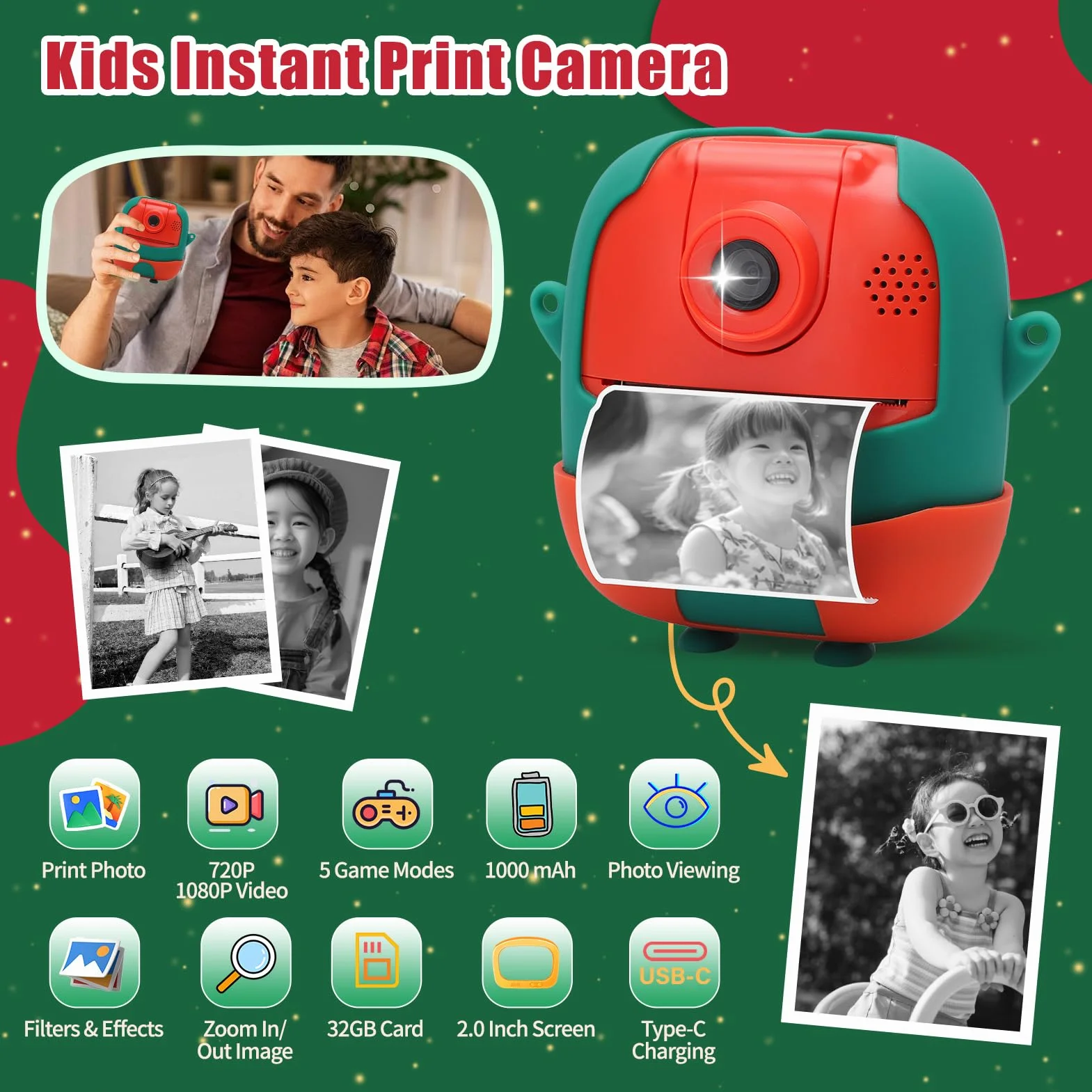 Macchina fotografica di stampa istantanea per i bambini, 24MP & 1080P bambini fotocamera digitale, Natale regalo di compleanno per la ragazza ragazzo età 3-12, stampa foto in bianco e nero (Natale)