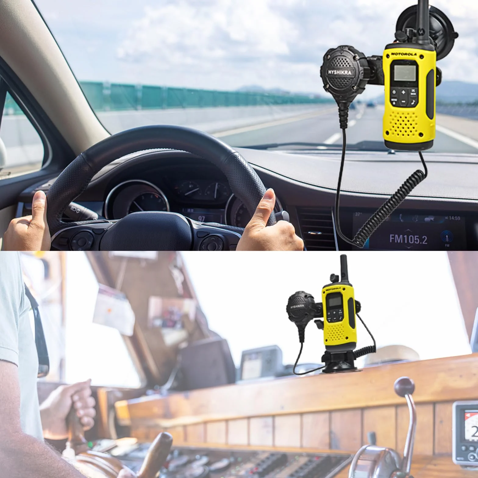 HYS 2-in-1 Radio portatile e microfono altoparlante Supporto a ventosa compatibile per Motorola Baofeng Sepura Midland, qualsiasi walkie talkie e microfono con clip posteriore