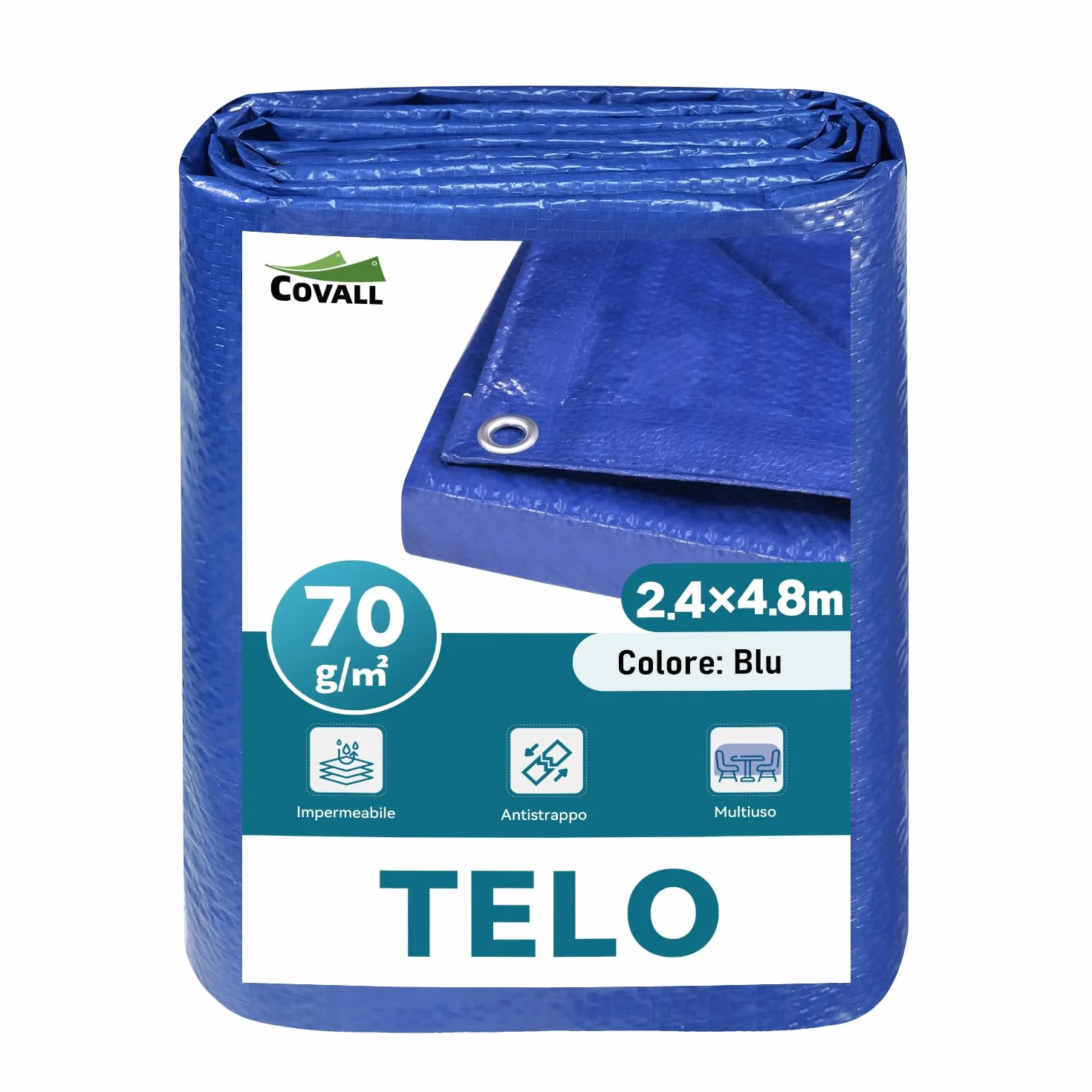 Telone Impermeabile 70g/mq - Telo con Occhielli in Alluminio - Antistrappo per Esterno, Piscina Fuori Terra, Giardino e Campeggio - Copertura Multiuso Blu 2,4x4,8m