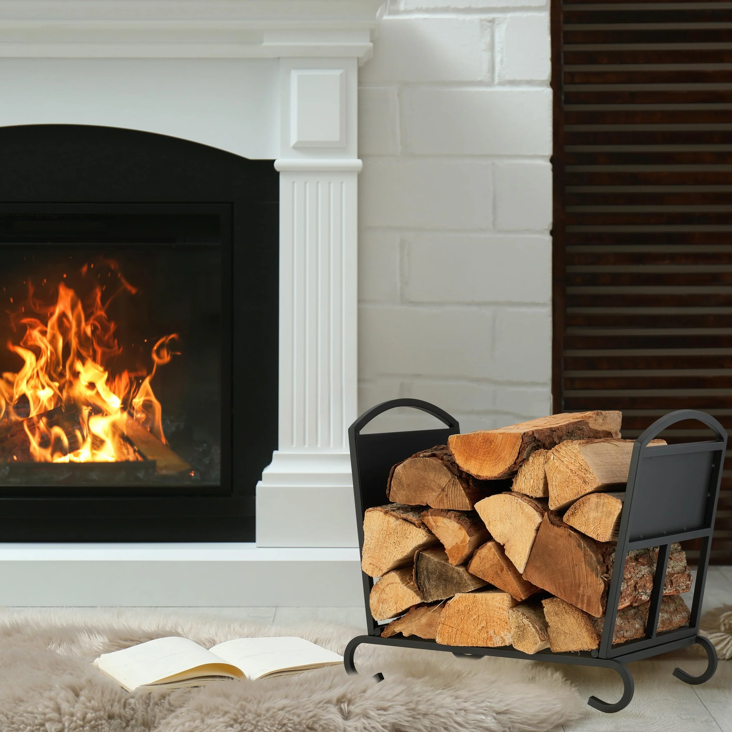 Relaxdays Portalegna da Interno, Cesto Pieghevole Porta Legna da Ardere per Camino, da Interni, HLP: 44x52x31 cm, Nero