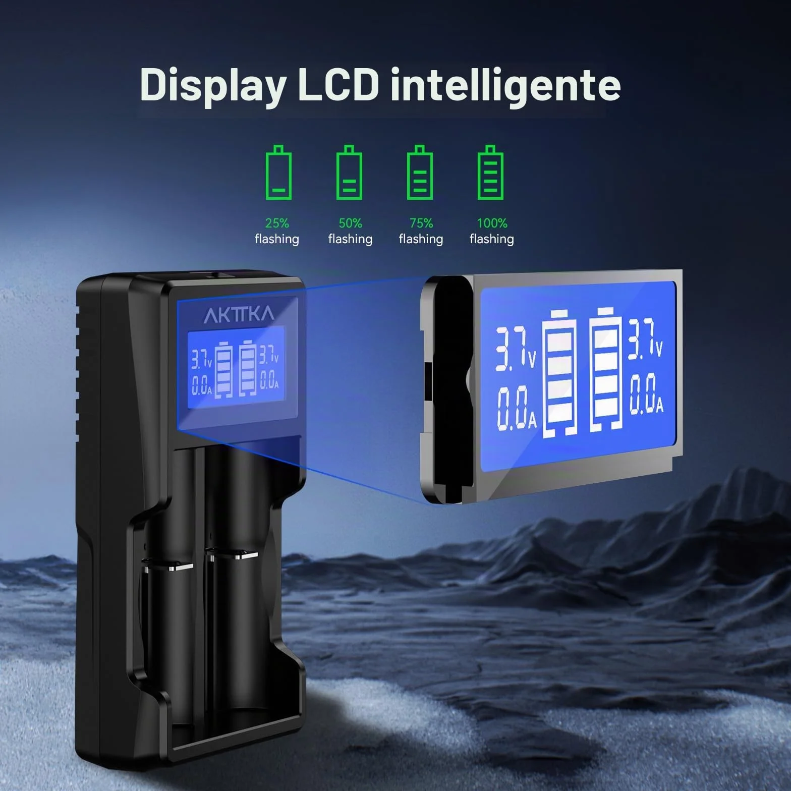 Caricabatterie Intelligente con Schermo LCD e Ricarica Rapida 5V/2A, Compatibile con Batterie Li-Ion 18650/21700/20700/26650 e Ni-MH/Ni-Cd AA/AAA/C, con Porta Type-C