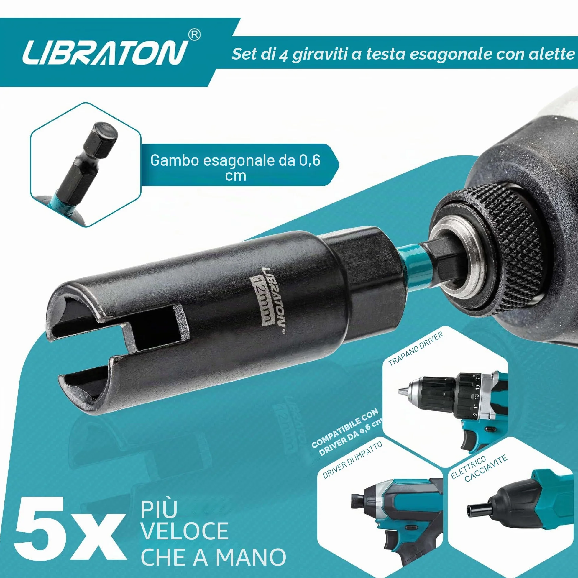 Libraton set di driver per dadi ad ala, 4 pezzi, esagonale 1/4", per bulloni a gancio e C