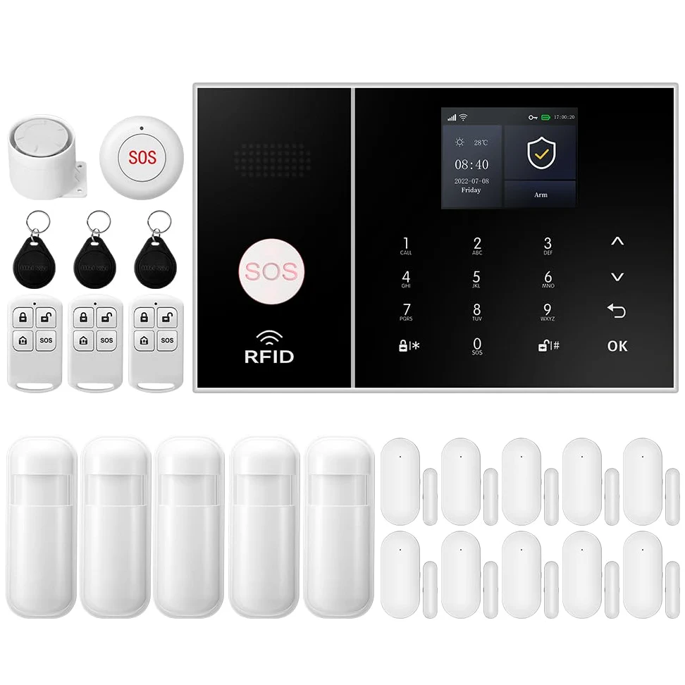 XNY Allarme Casa Wifi, Antifurto Casa wireless, Kit Allarme Casa Senza Fili 4G con APP Alert, Rilevatore di Movimento, Sensore Finestra Porta, Telecomando, Sirena (PG-108-4G-F)