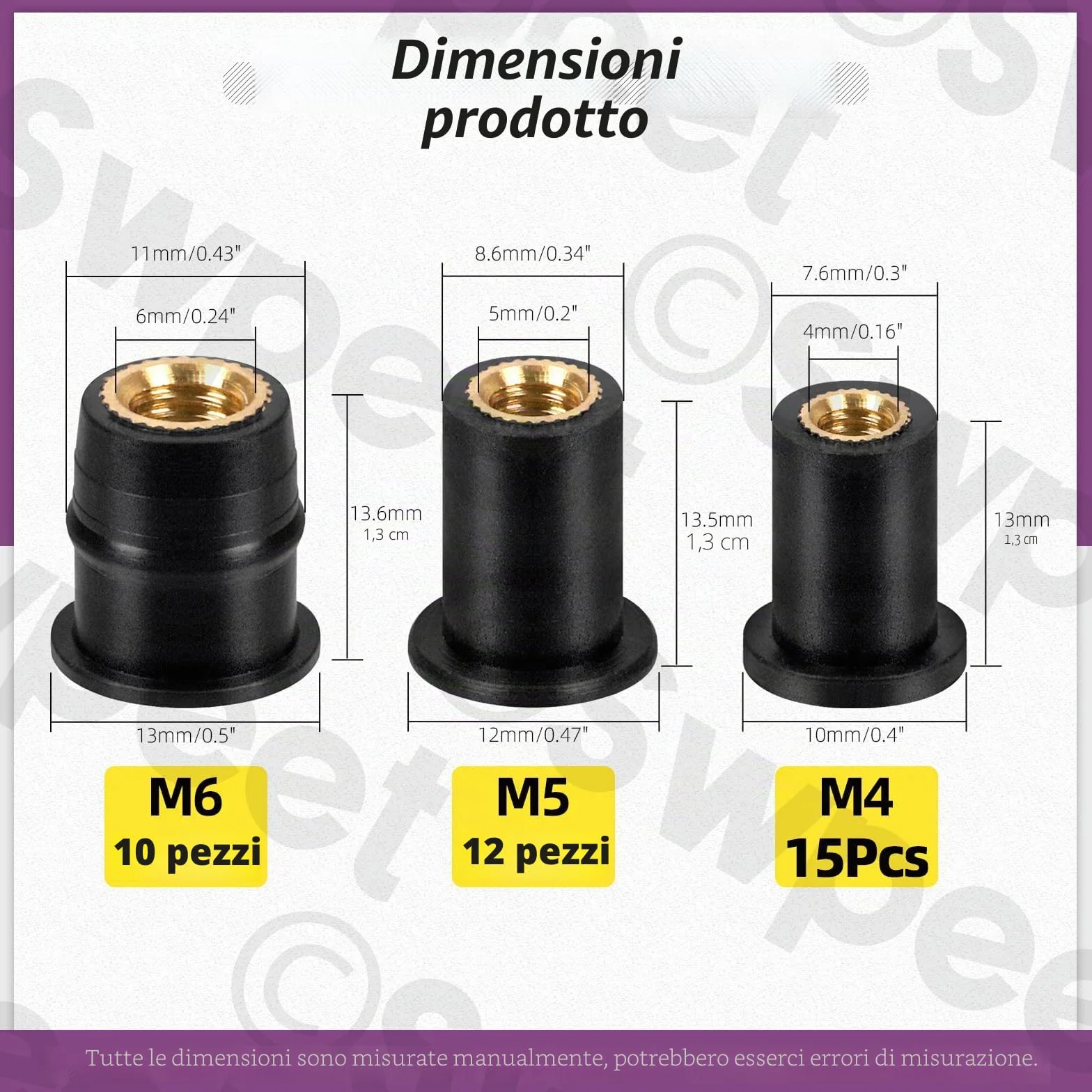 Swpeet Set di 37 Dadi M4 M5 M6 in Gomma Nera Ondulata per Parabrezza, Fissaggio, Rivestimento Moto e Neoprene - Espansione in Ottone per Canoa
