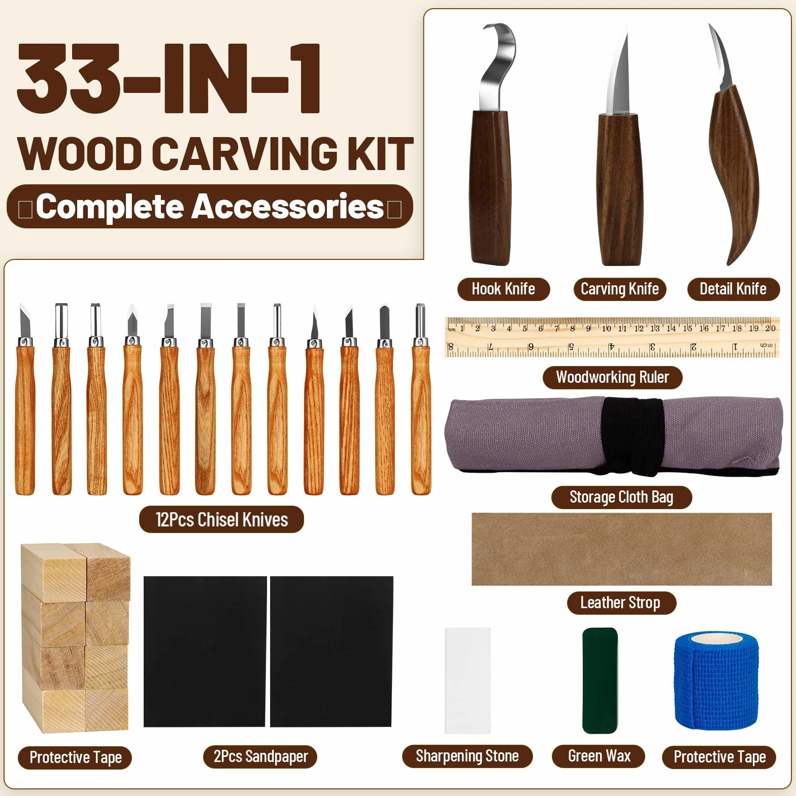 Kit Intaglio Legno 33 Pezzi,con blocchi di legno,coltelli e accessori pratici per intaglio sicuro e creativo;set di coltelli da intaglio,perfetto per principianti,hobbisti e come regalo creativo
