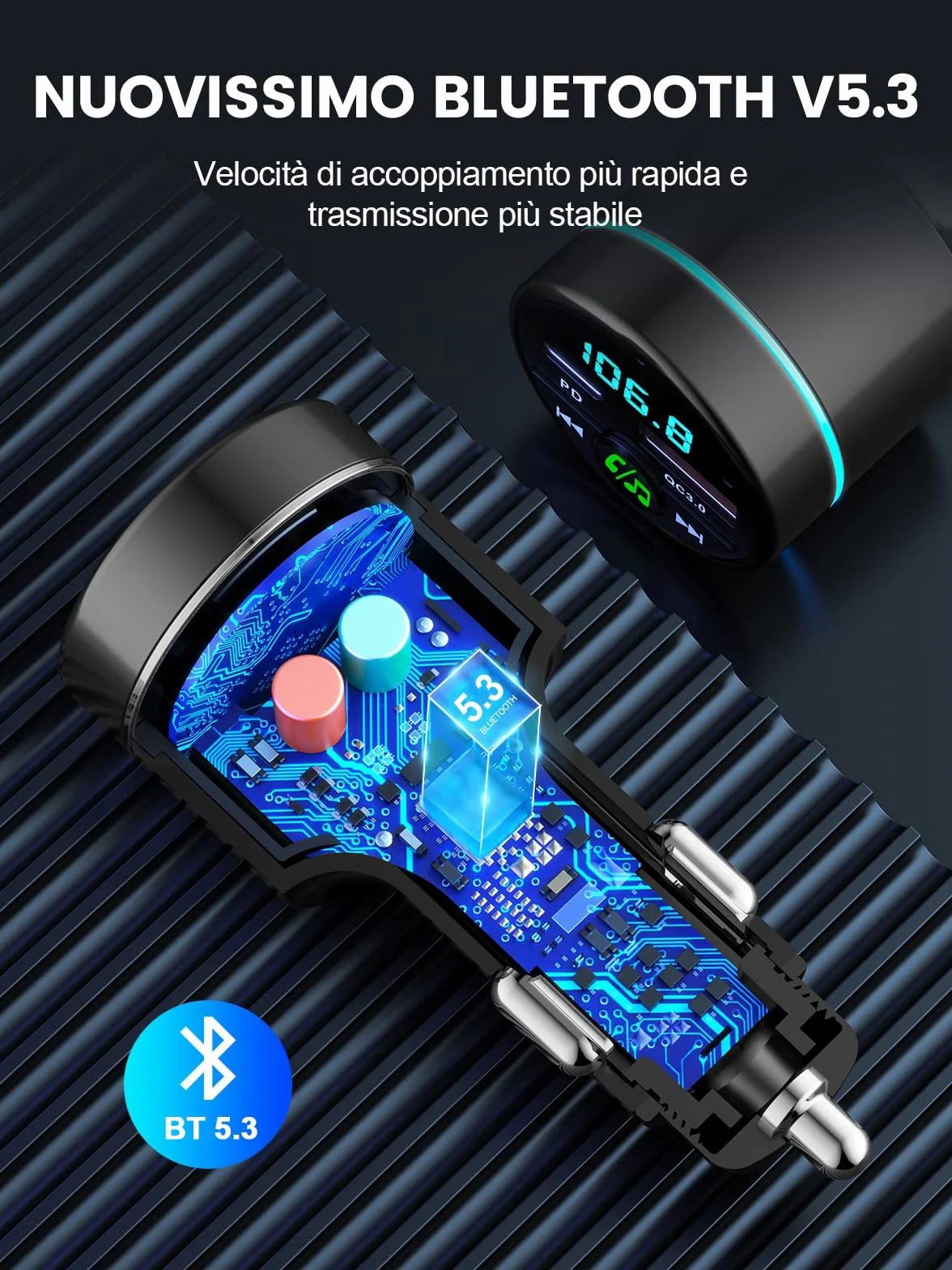 Mohard [Carcassa in Metallo] Bluetooth 5.3 Auto Trasmettitore FM, PD 30W & QC3.0 18W Ricarica Rapida Adattatore Bluetooth Auto Accendisigari, Amplificatori Multicanale Musica Hi-Fi & Chiamate Vivavoce