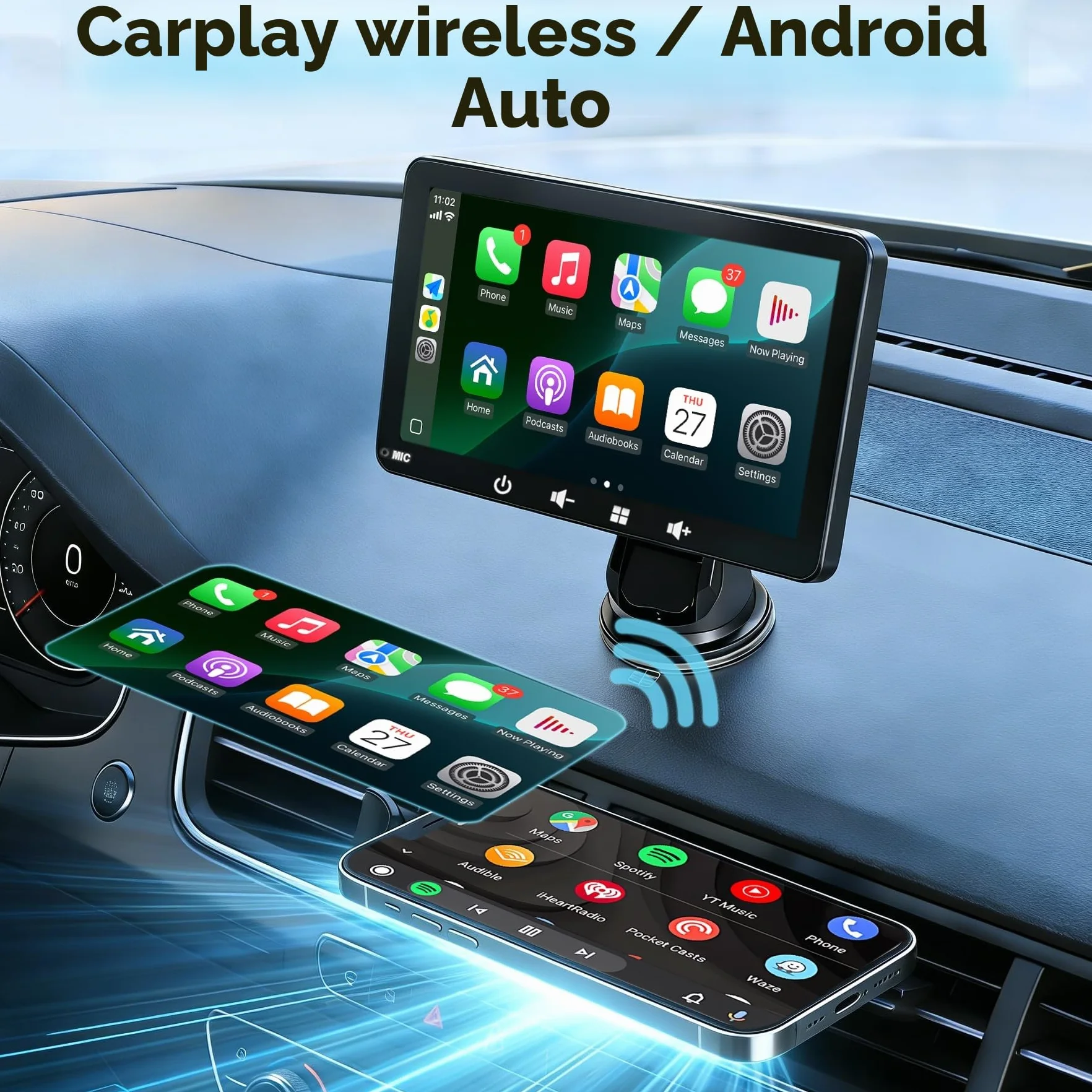 Schermo Auto 7" con Carplay Wireless e Android Auto - Display Portatile con Telecamera Posteriore | FM Trasmettitore, AUX, USB | Plug & Play per la maggior parte delle auto (7 pollici + fotocamera)