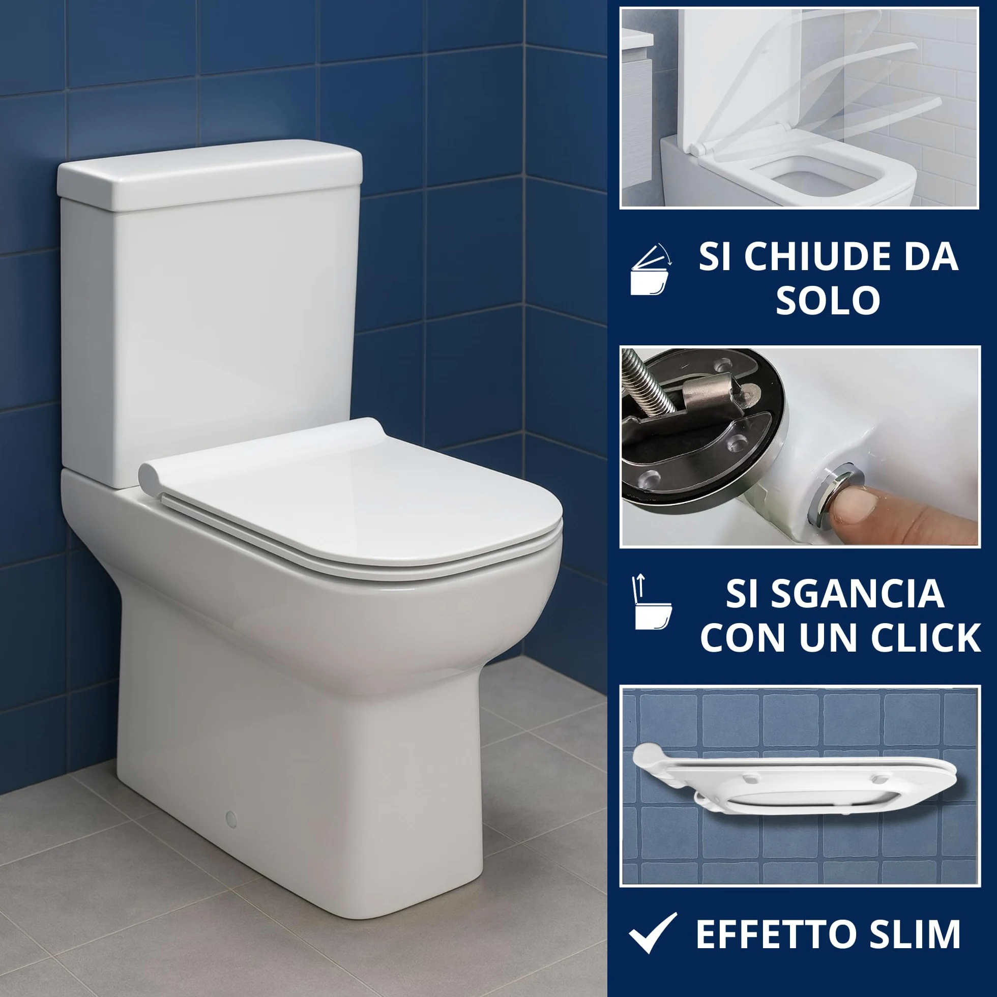 HYDRO HOME Copriwater Forma Rettangolare Super Sottile Slim Chiusura Ammortizzata e Sgancio Rapido Compatibile con vari modelli, Plastica Termoindurente Cerniere Regolabili fissaggio dall'alto Bianco