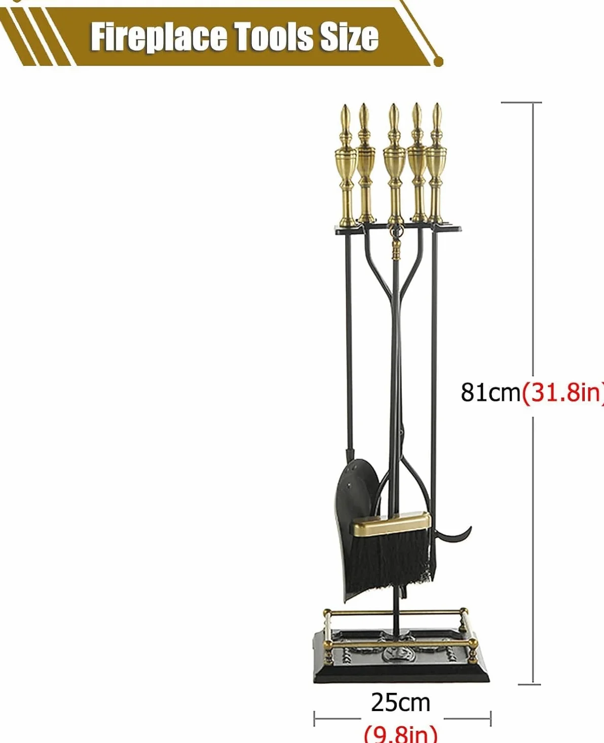 Set Attrezzi per Camino 5 Pezzi, Base con Attizzatoio, Pinza, Paletta E Scopa,Metallo,Strumenti per Camino in Ferro Battuto Nero E Accessori per Caminetto per Interni,Ottone,31.8in