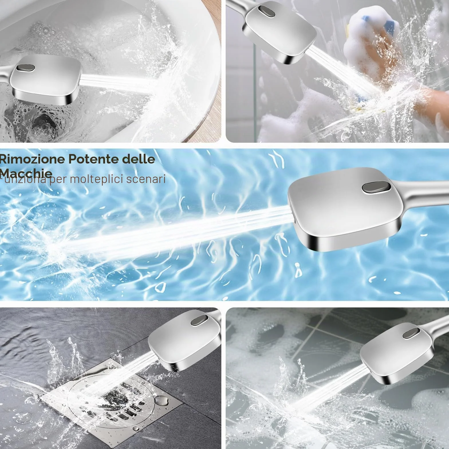 HNOOM Kit Doccia Completo, Soffione Doccia Quadrato 120mm Alta Pressione + Tubo 1.5M + Supporto Senza Fori, 8 Modalità, Anticalcare, Universale per Doccia Bagno（Argento）