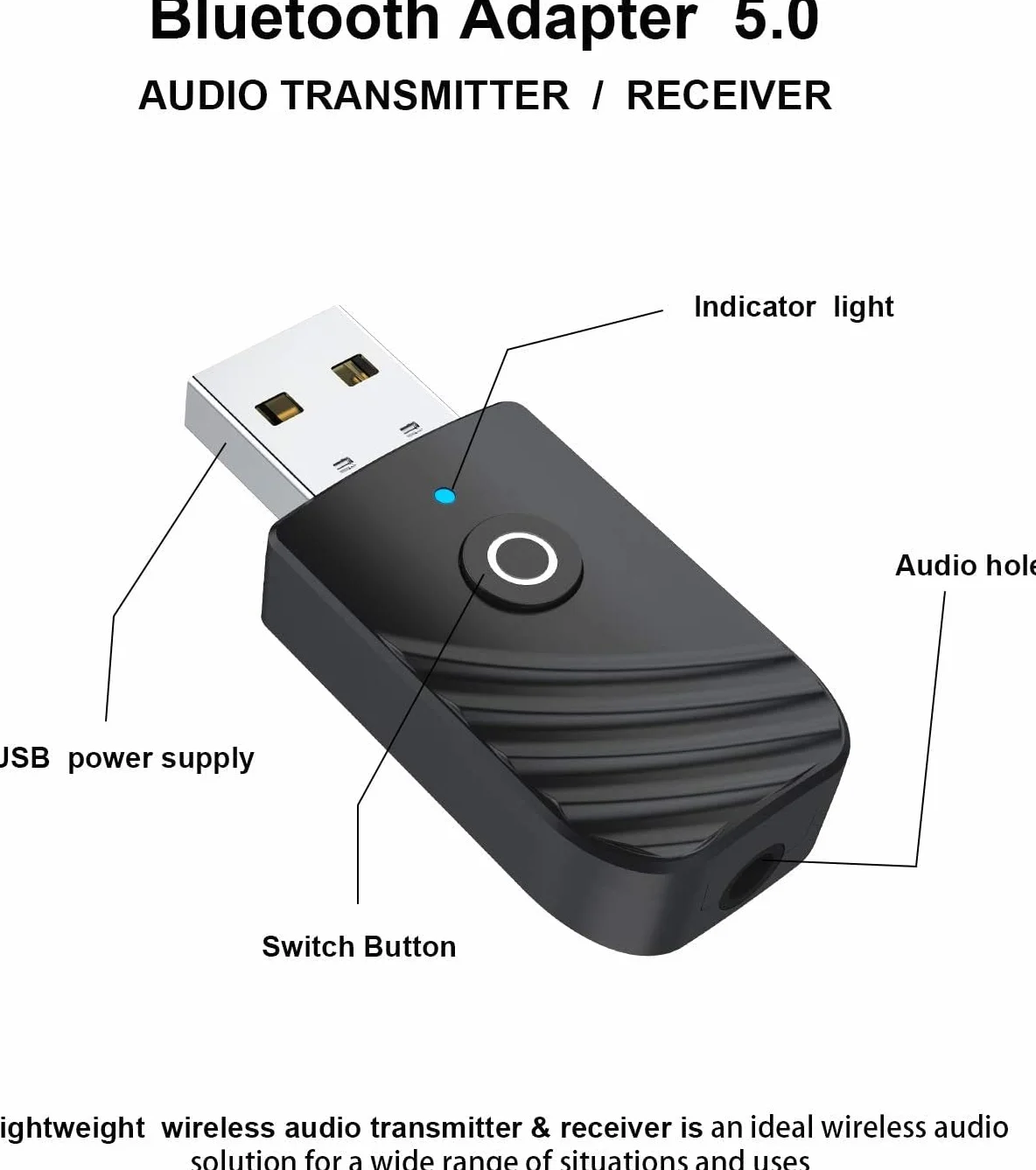 USB Bluetooth 5.0 Adattatore 3 in 1 Ricevitore Audio Musicale Wireless Trasmettitore 3.5Mm AUX per TV PC Cuffie Auto