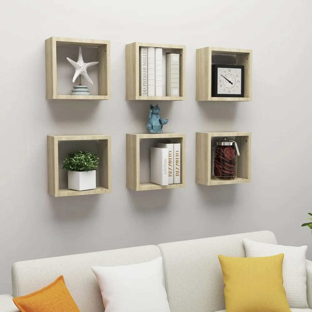 Scaffalature, mensole da parete e sporgenze, mensole cubiche da parete, 6 pezzi, rovere Sonoma, 30 x 15 x 30 cm