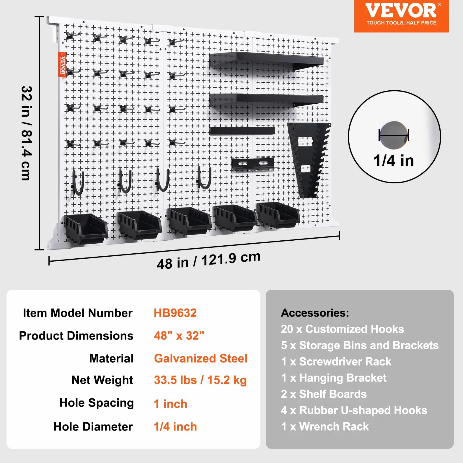 VEVOR Pannello Portautensili da Parete 1219mmx814mm Carico 224kg, Pannello Forato Murale in Metallo 3 Pezzi