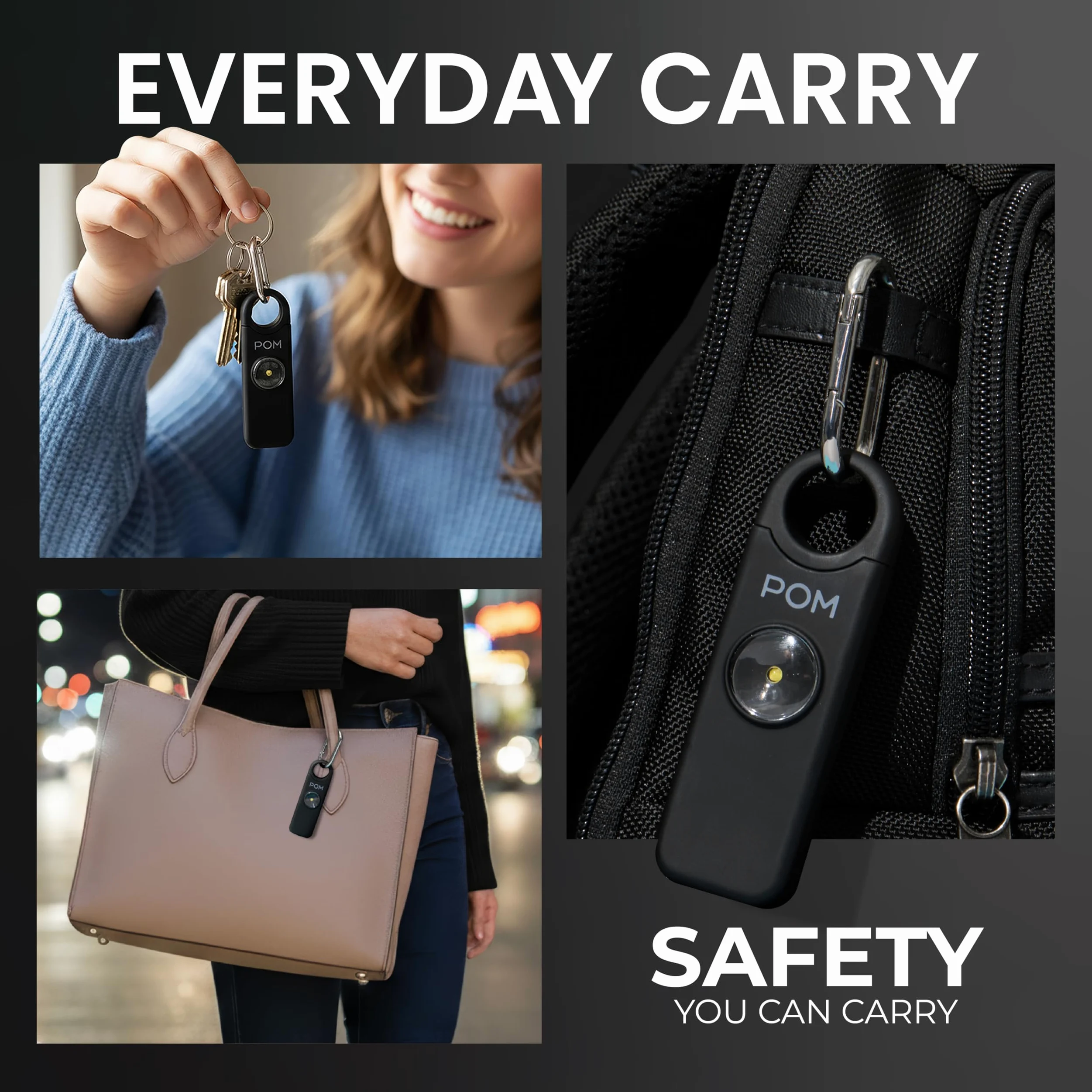 POM Allarme di sicurezza personale da donna, sirena di emergenza forte da 130 dB, ricaricabile con USB-C con torcia LED luminosa, design portatile portachiavi per autodifesa, borsa, zaino e viaggio
