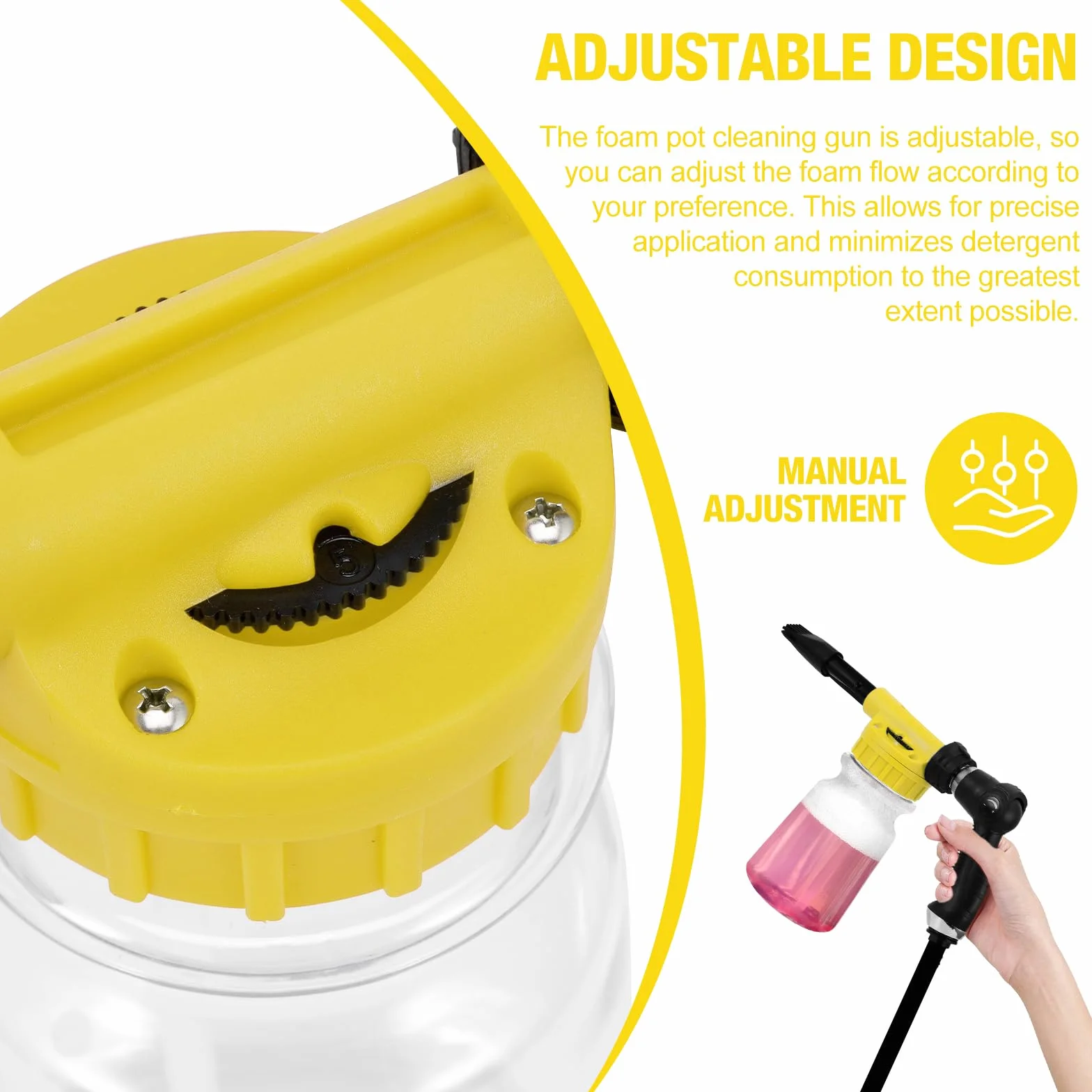 Foam Gun Car Wash 1000ml, 2 in 1 Lancia Schiuma Regolabile, Pistola Schiuma per Pulizia Auto Cannone Schiuma Attacco Tubo da Giardino per Pulizia Auto e Moto Giardini (Giallo)