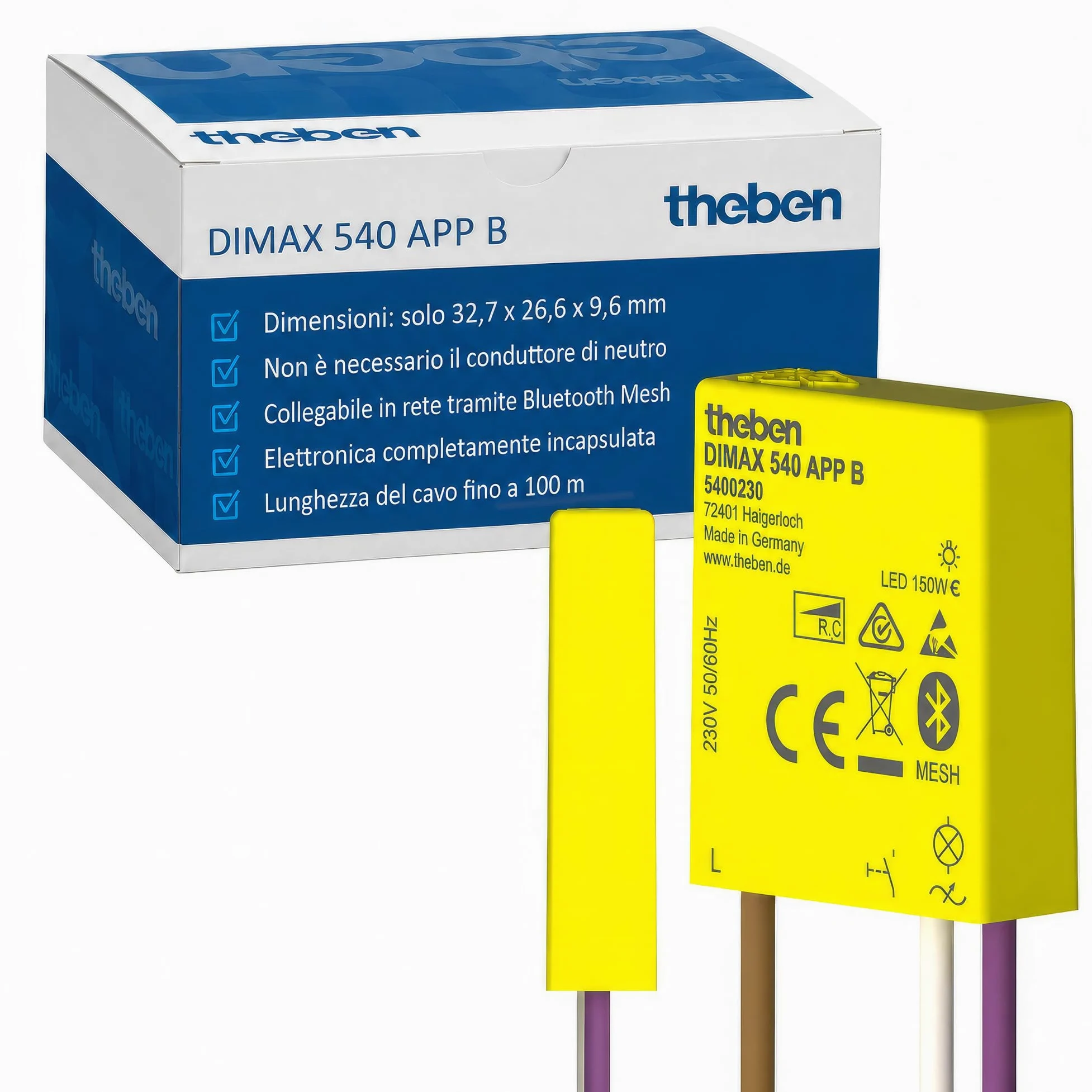Theben 5400230 DIMAX 540 APP B mini dimmer a incasso R/C Bluetooth Mesh | ultracompatto 32,7 x 26,6 x 9,6 mm, nessun neutro, 150 W LED, scene luce, programma astronomico, 100 m cavo
