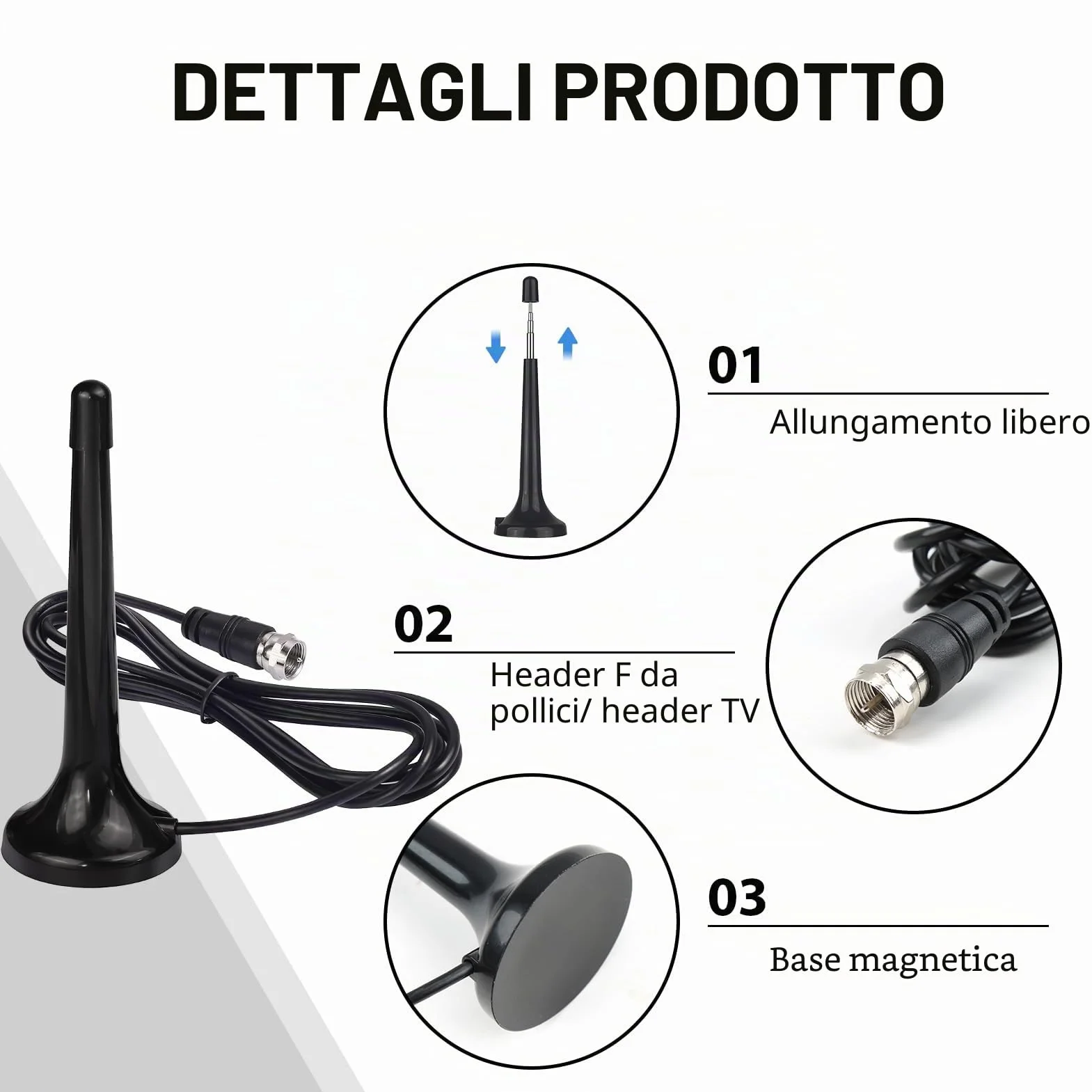 Antenna Radio DAB FM Telescopica Interna con Base Magnetica, Antenna FM radio da Interni 75 Ohm, Compatibile con Sintonizzatori Stereo, Ricevitori AV, Amplificatori, Sistemi Home Cinema e HiFi